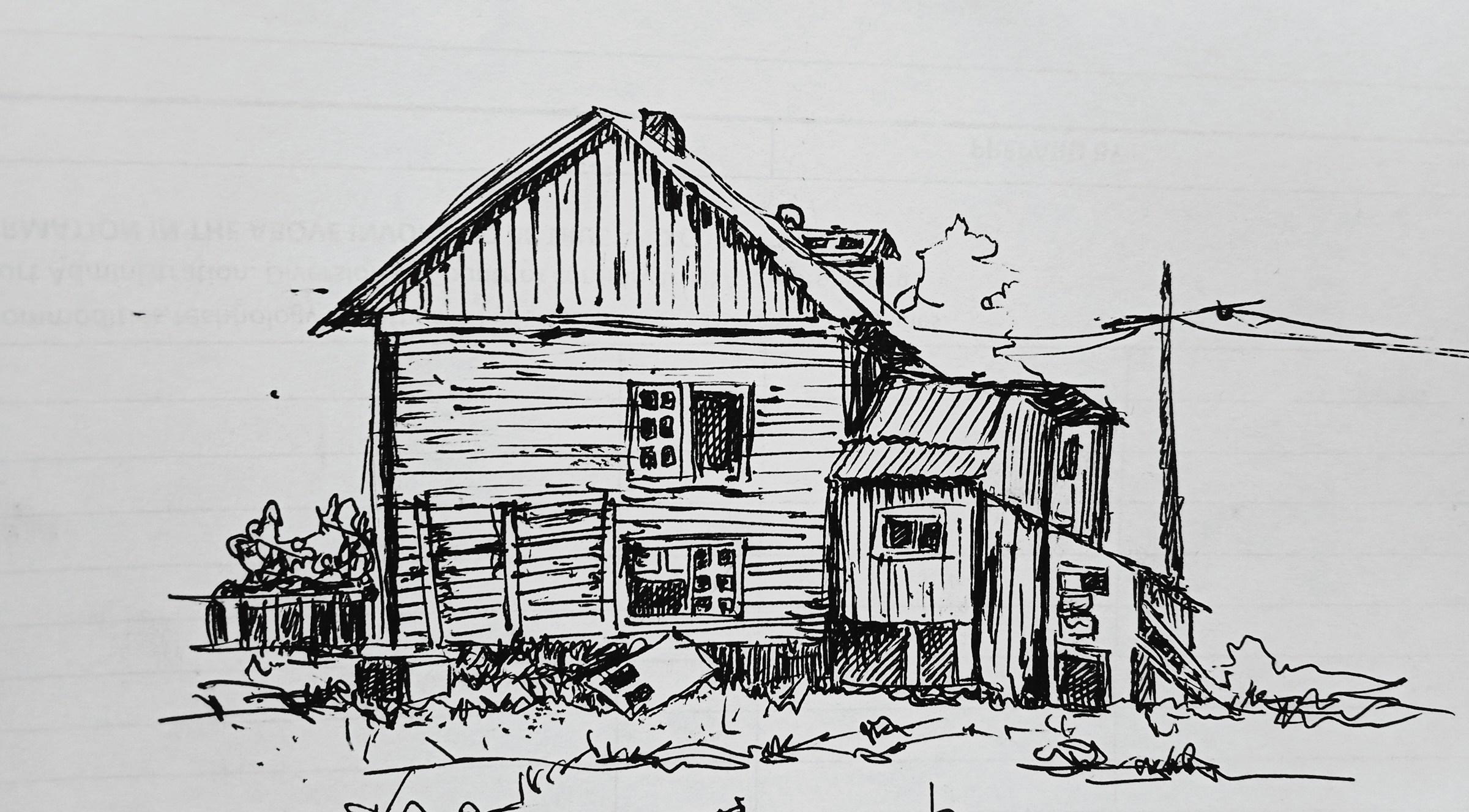 Zwart-witte pentekening van huis