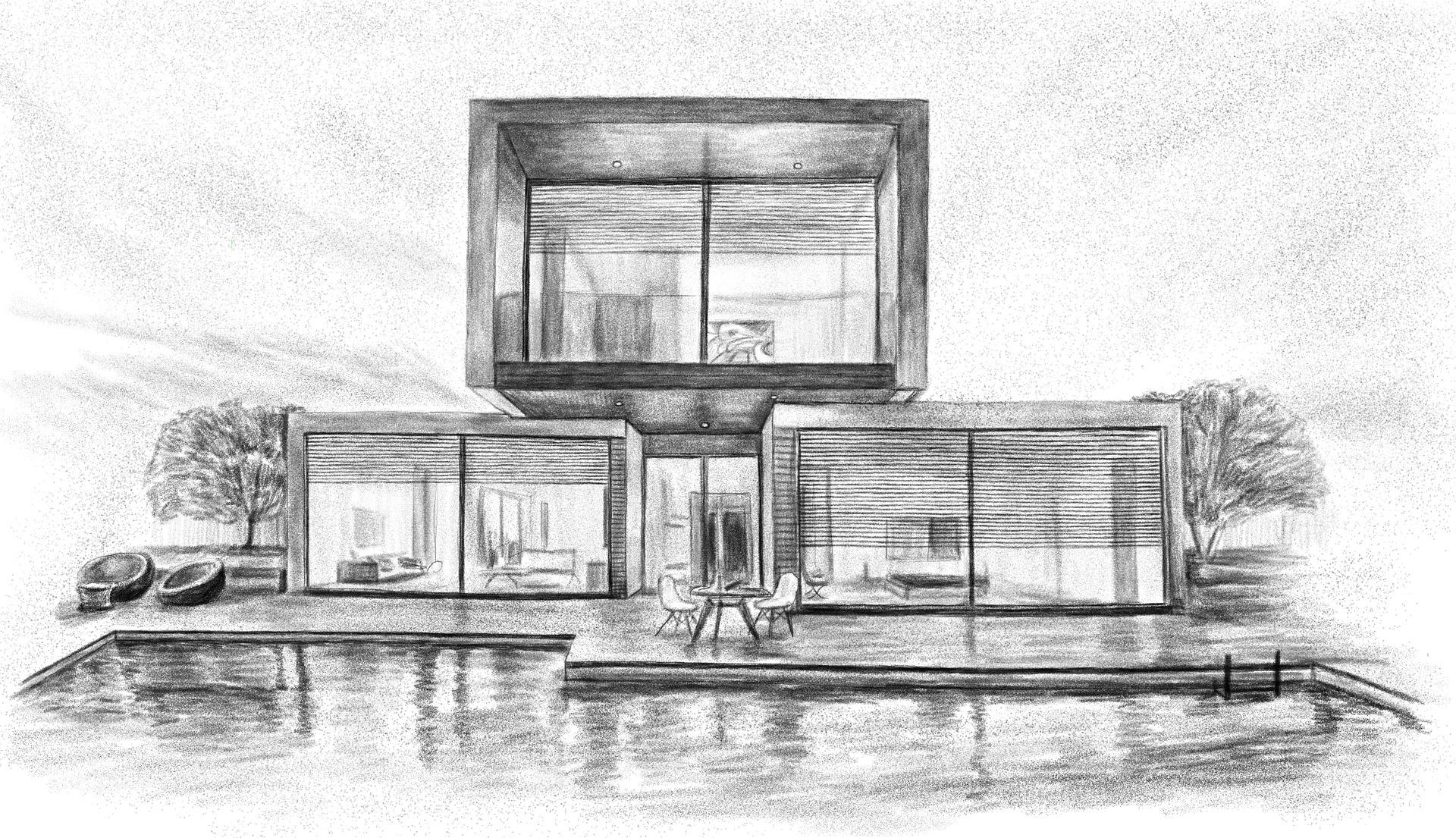 Zwart-wit tekening van een huis