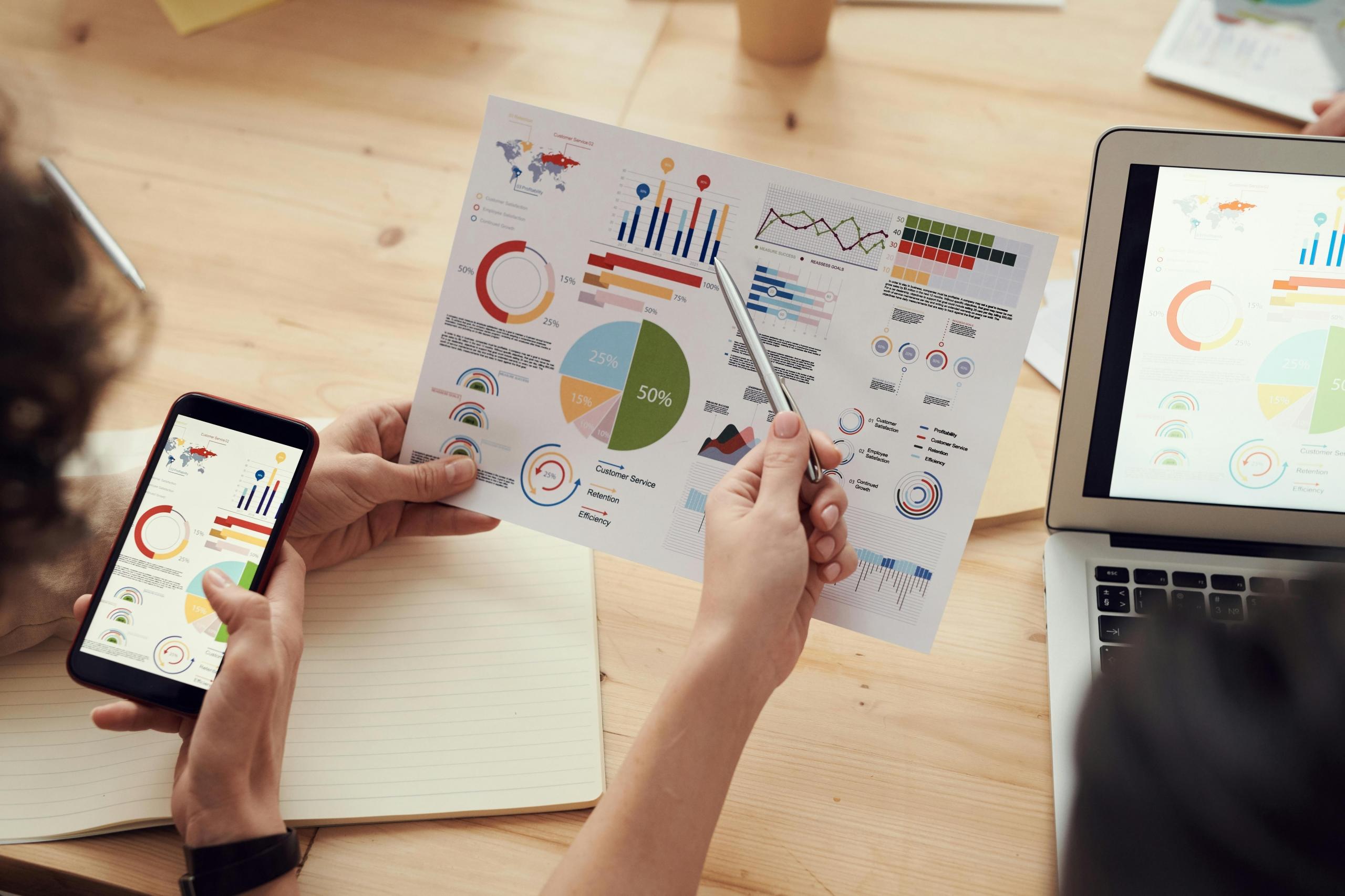 Personen analyseren grafieken en diagrammen op papier en mobiele apparaten.