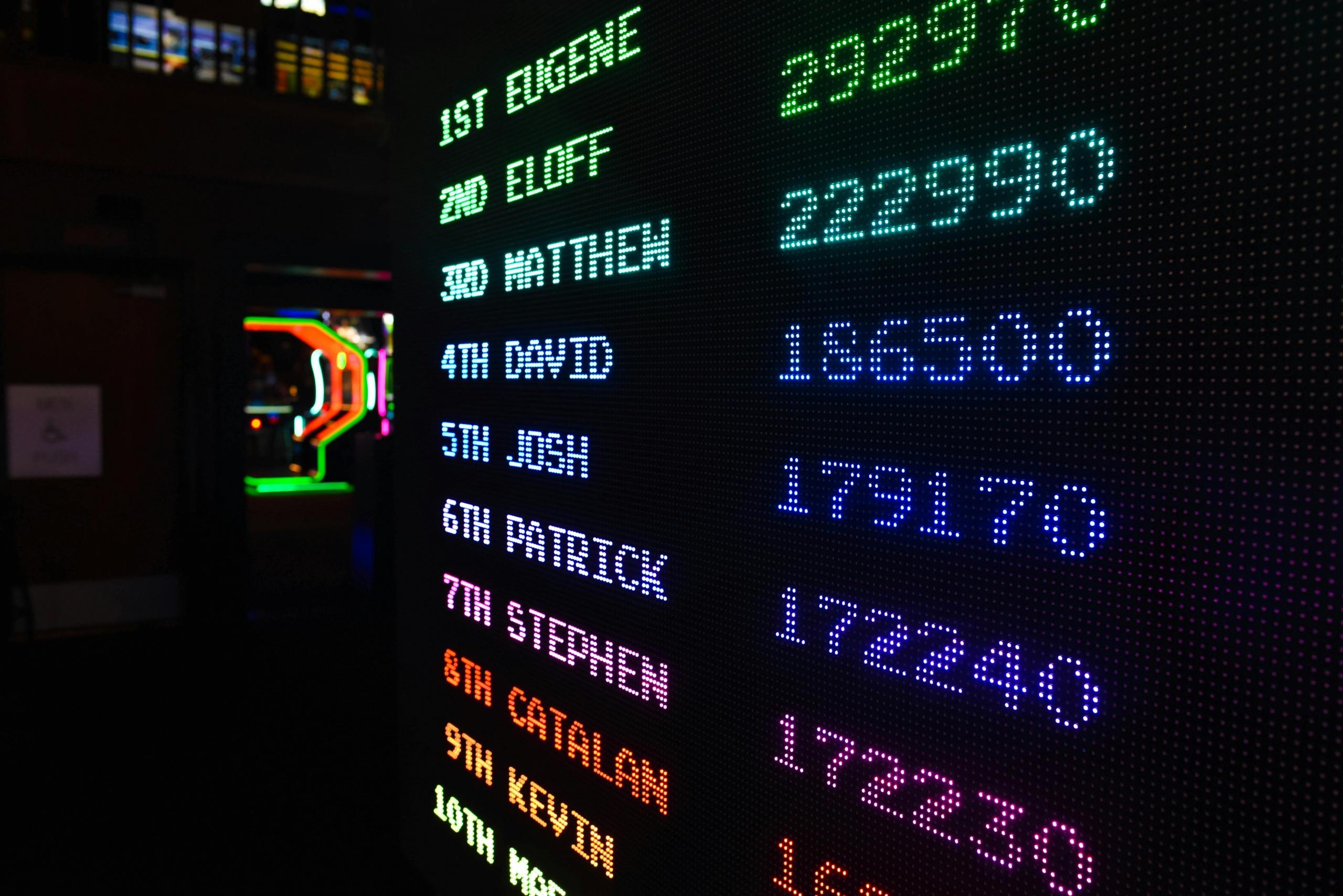 Een digitaal scorebord met kleurrijke namen en scores.