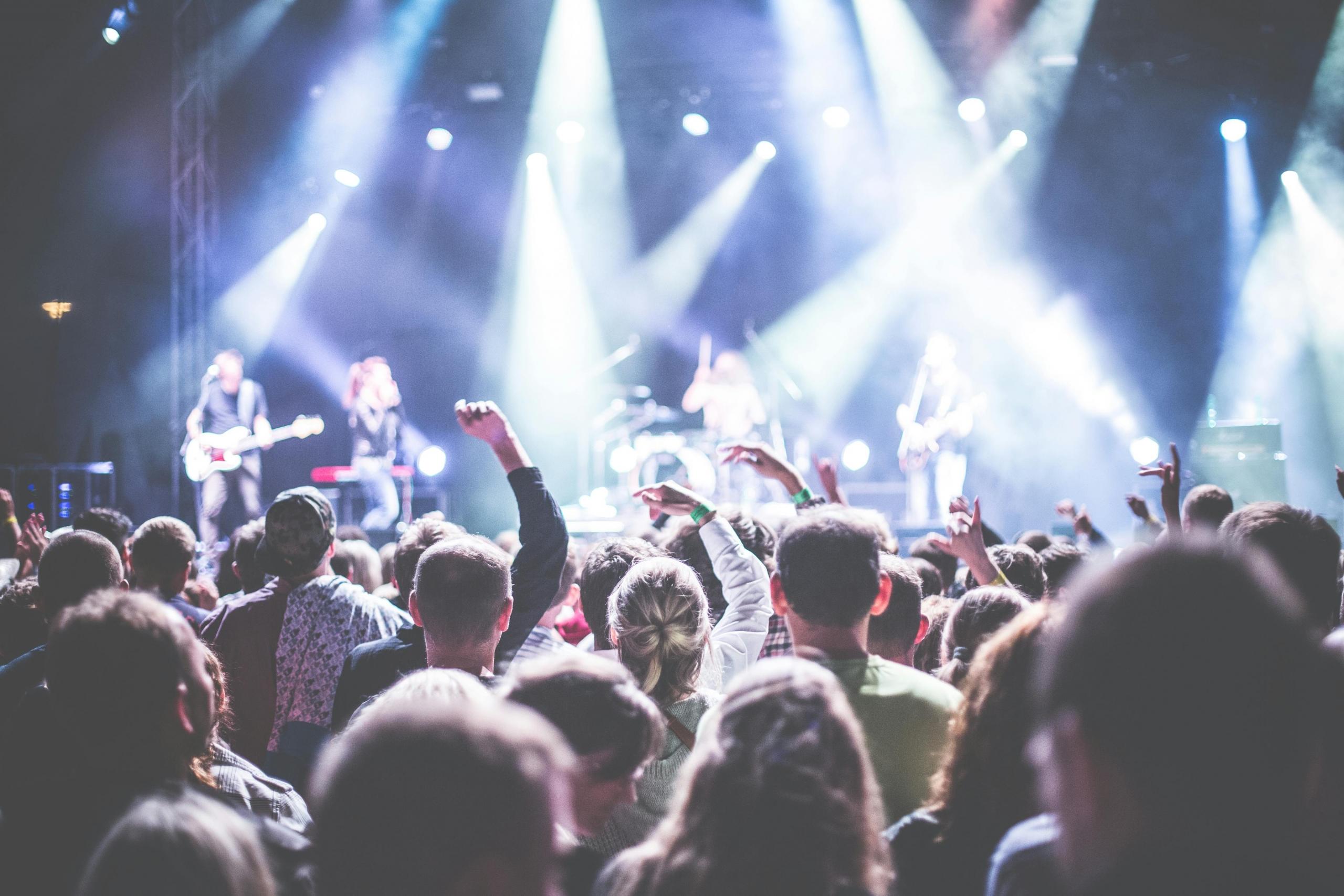 Een concertpodium met een enthousiaste menigte en artiesten die optreden onder felle spotlights.