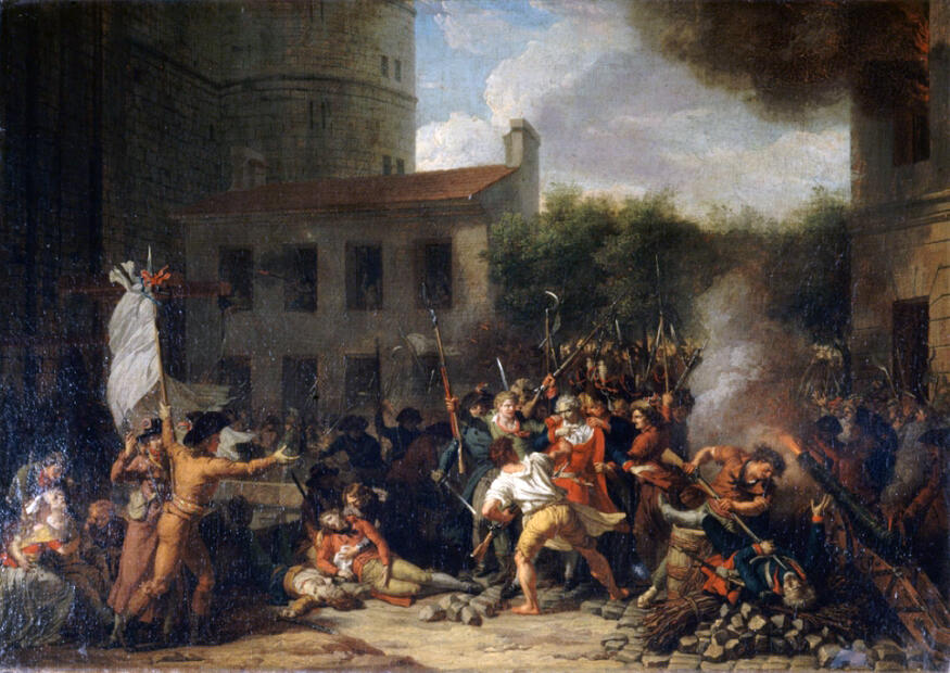 Geweld en chaos tijdens de Franse Revolutie, met gewapende burgers in actie.