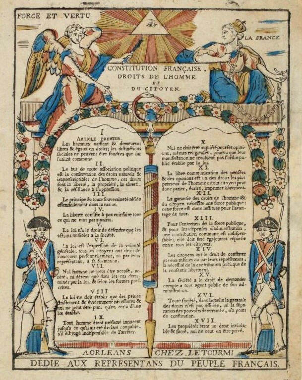 Illustratie van de Verklaring van de Rechten van de Mens en de Burger met symbolische figuren en Franse tekst.