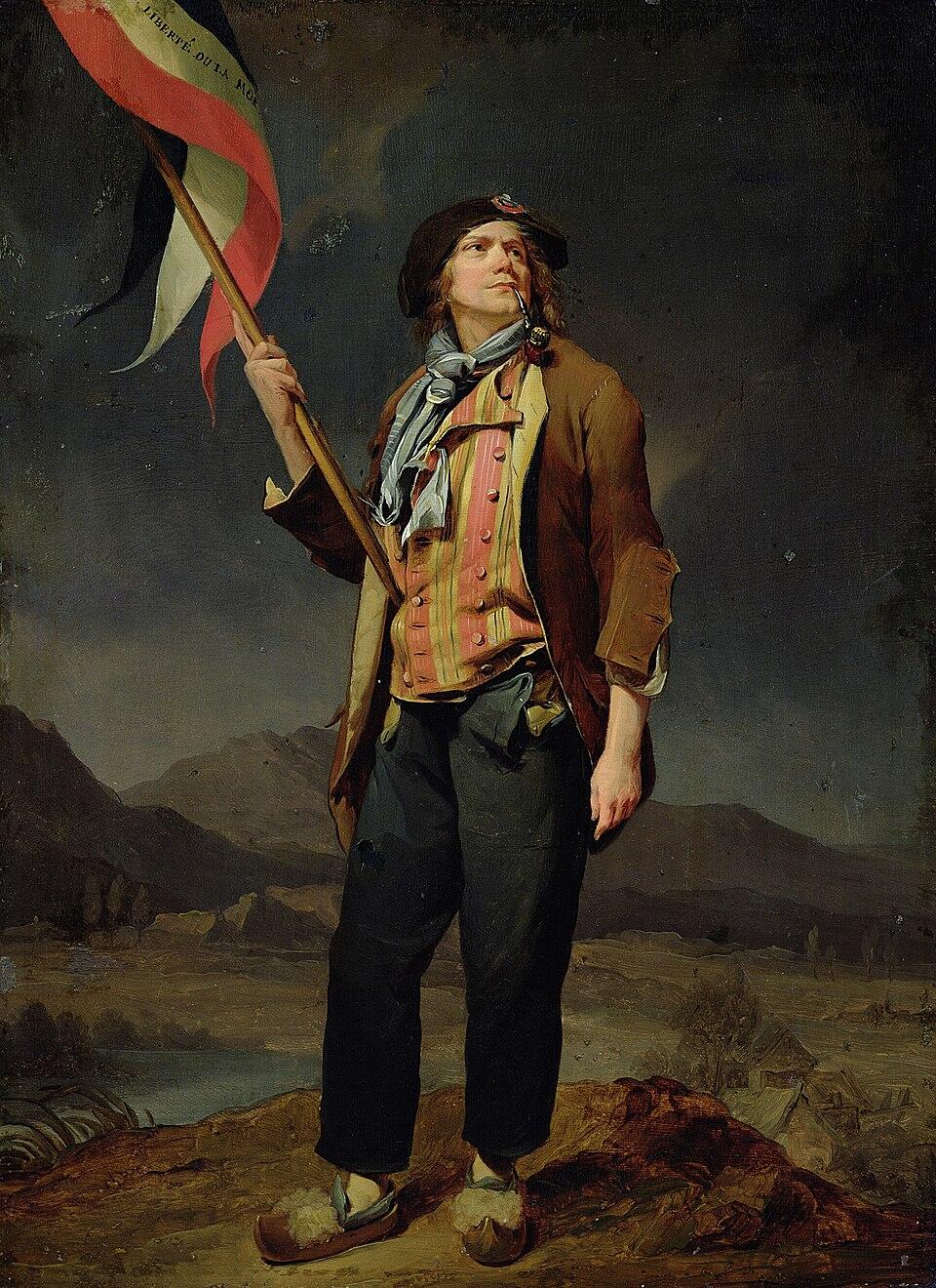 Een man in revolutionaire kleding houdt een Franse driekleur omhoog; hij draagt klompen en kijkt omhoog met een vastberaden blik.