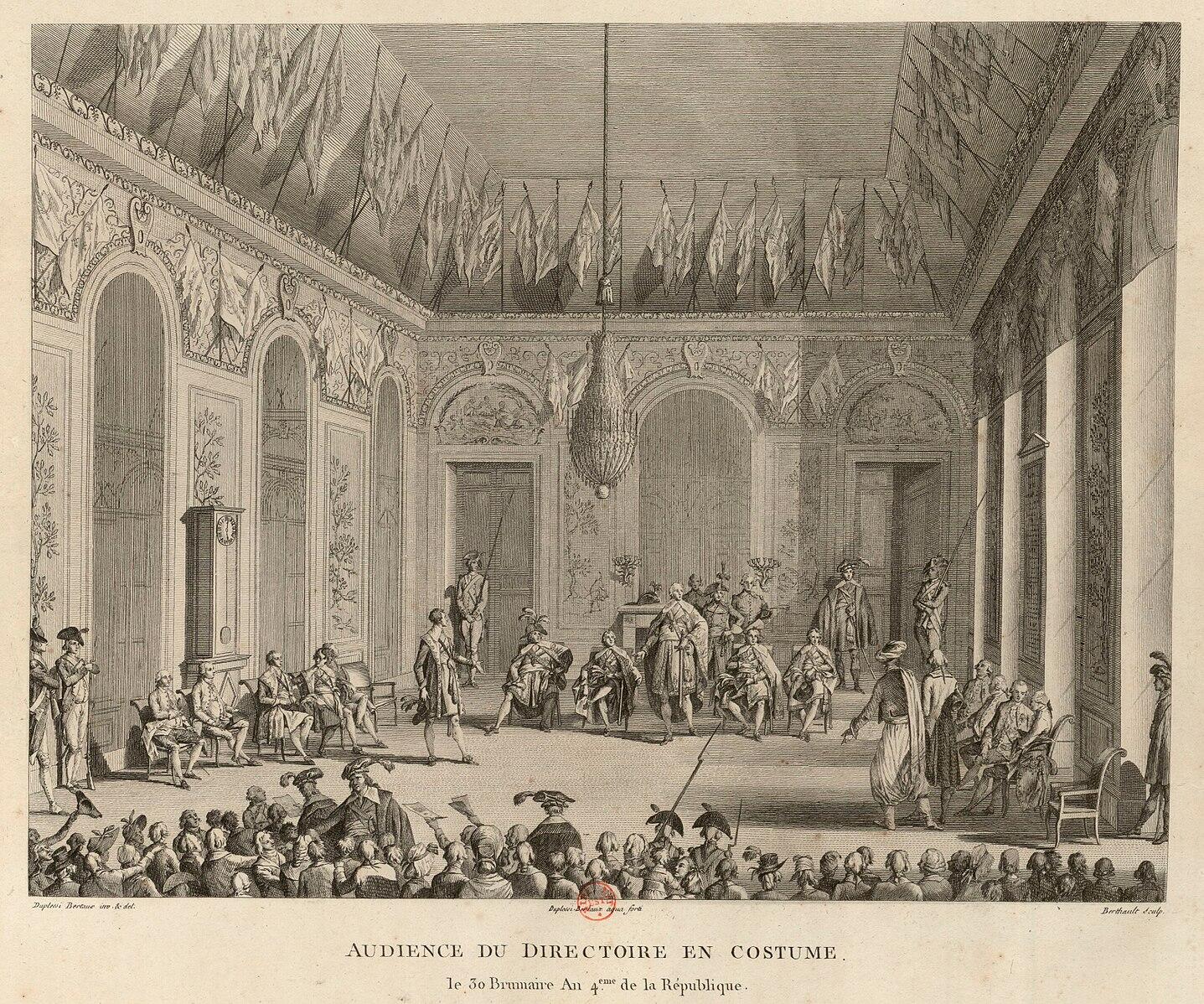 Een historische afbeelding van een formele bijeenkomst met meerdere mannen in 18e-eeuwse kleding in een rijkelijk versierde zaal.