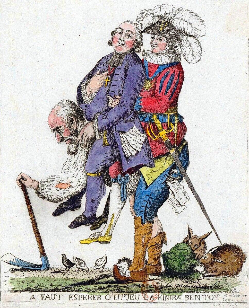 Een satirische prent waarop een boer gebukt loopt terwijl een geestelijke en een edelman op zijn rug staan. De boer draagt een schop en heeft een grimmige uitdrukking.