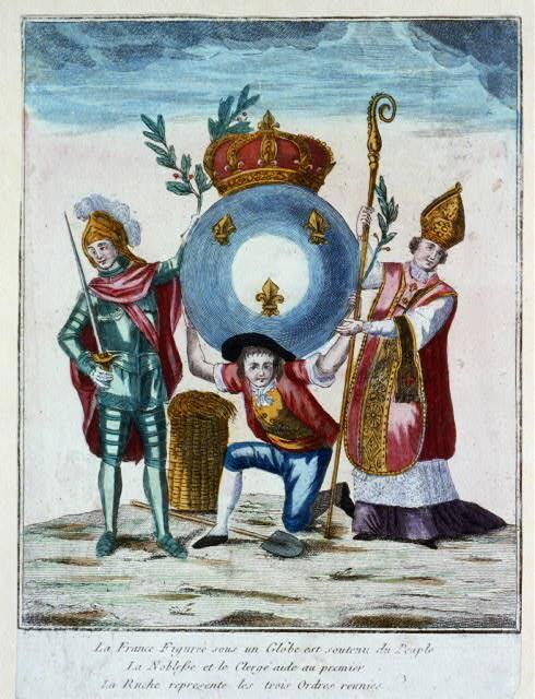 Een allegorische prent waarop Frankrijk wordt voorgesteld als een bol die rust op de schouders van het volk, terwijl de adel en geestelijkheid helpen het te ondersteunen; een bijenkorf symboliseert de drie standen.