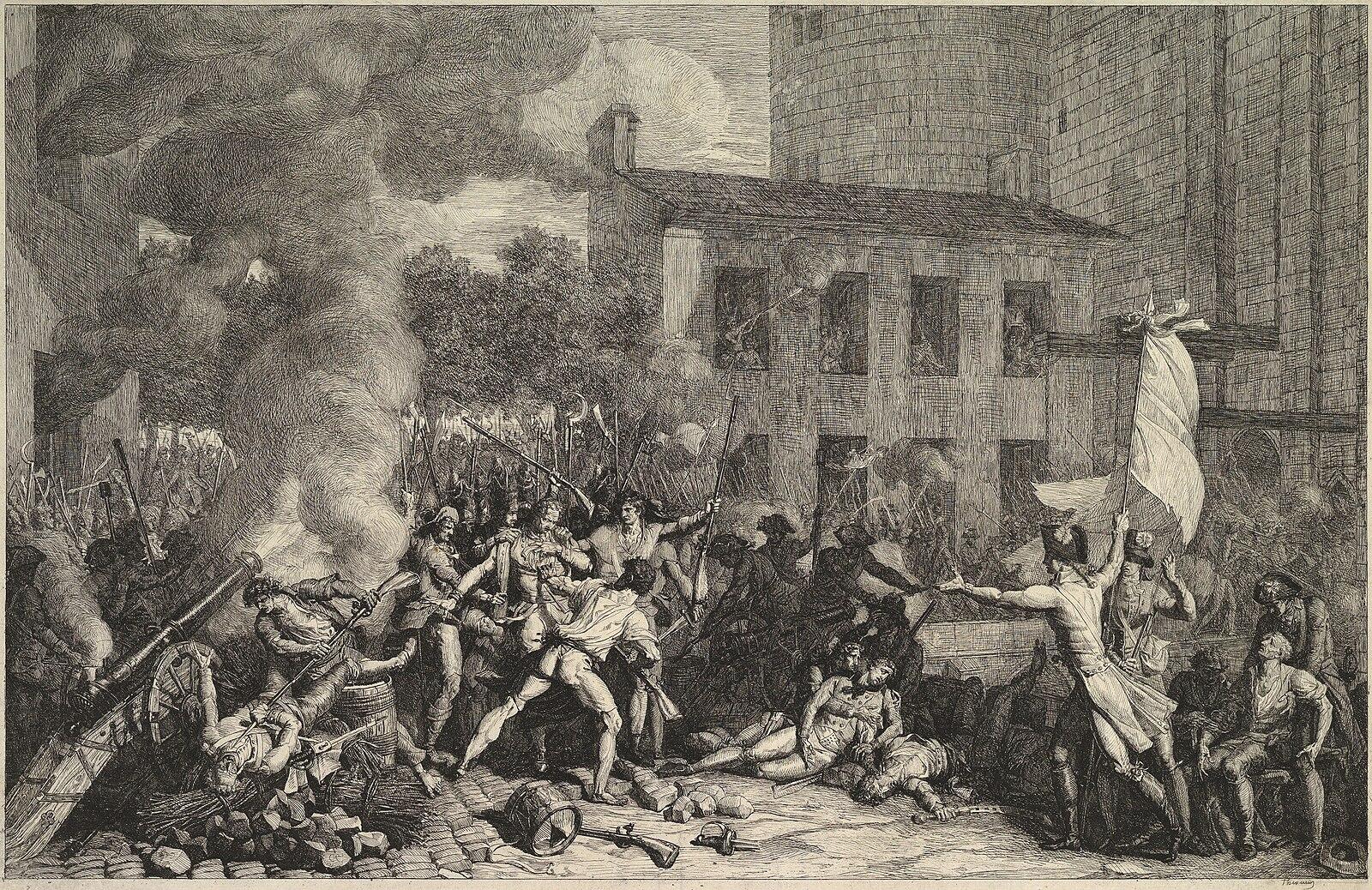 Schilderij van een menigte revolutionairen die de Bastille aanvallen, met rook en chaos rondom het fort.