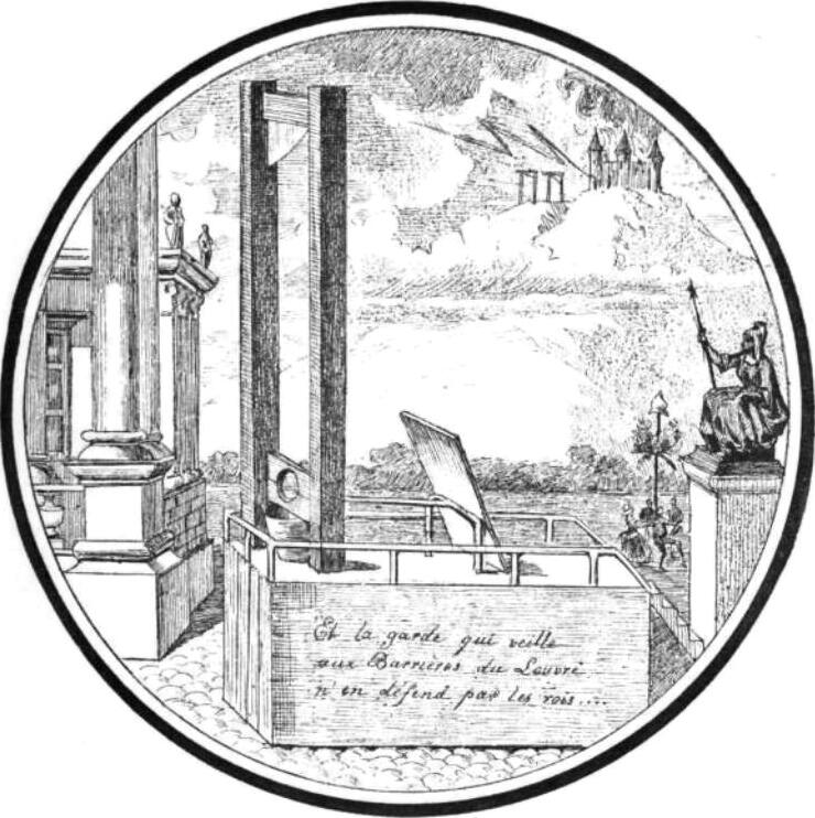 Illustratie van een guillotine op een plein.