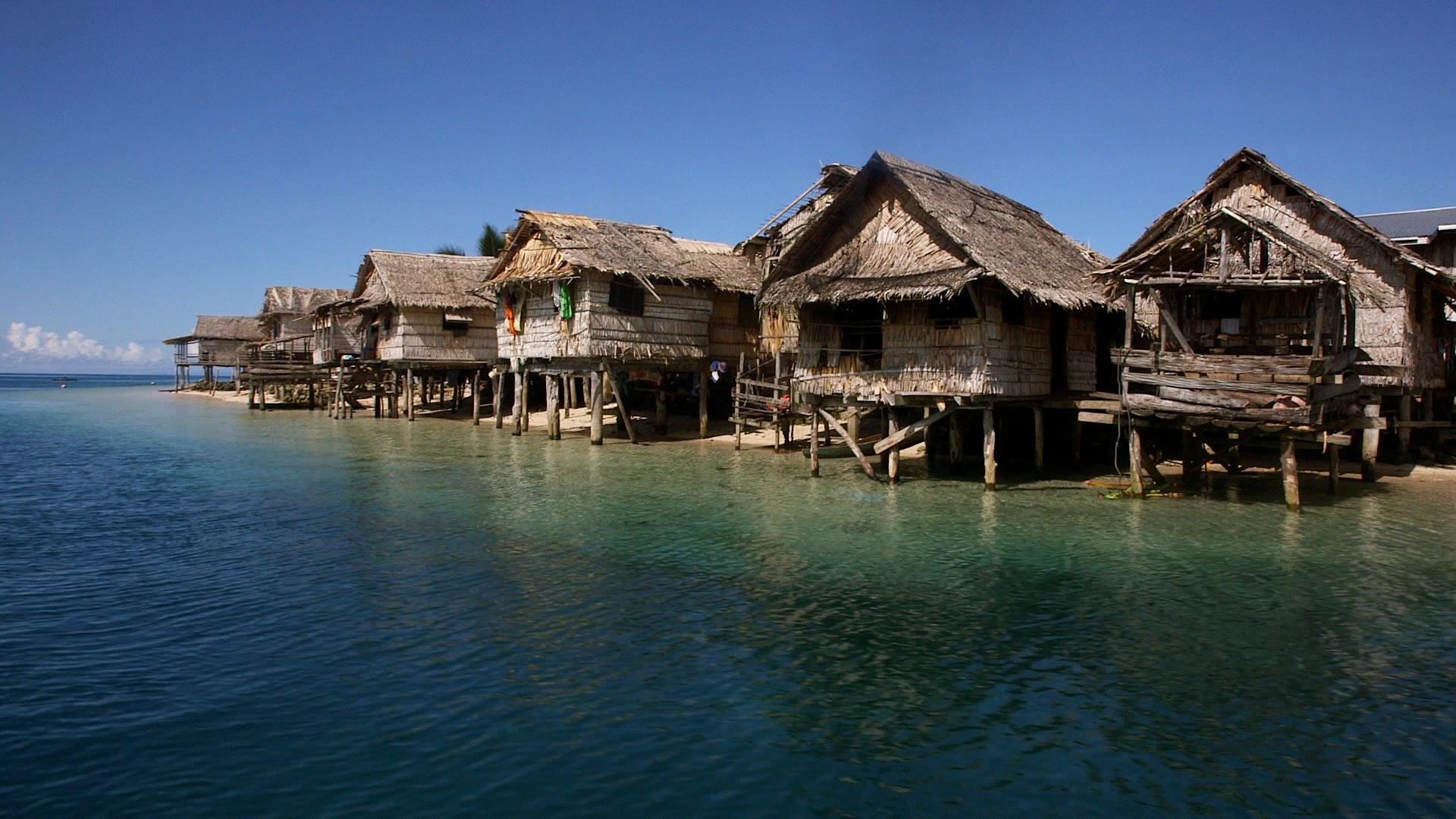 Rieten huizen op palen aan het water