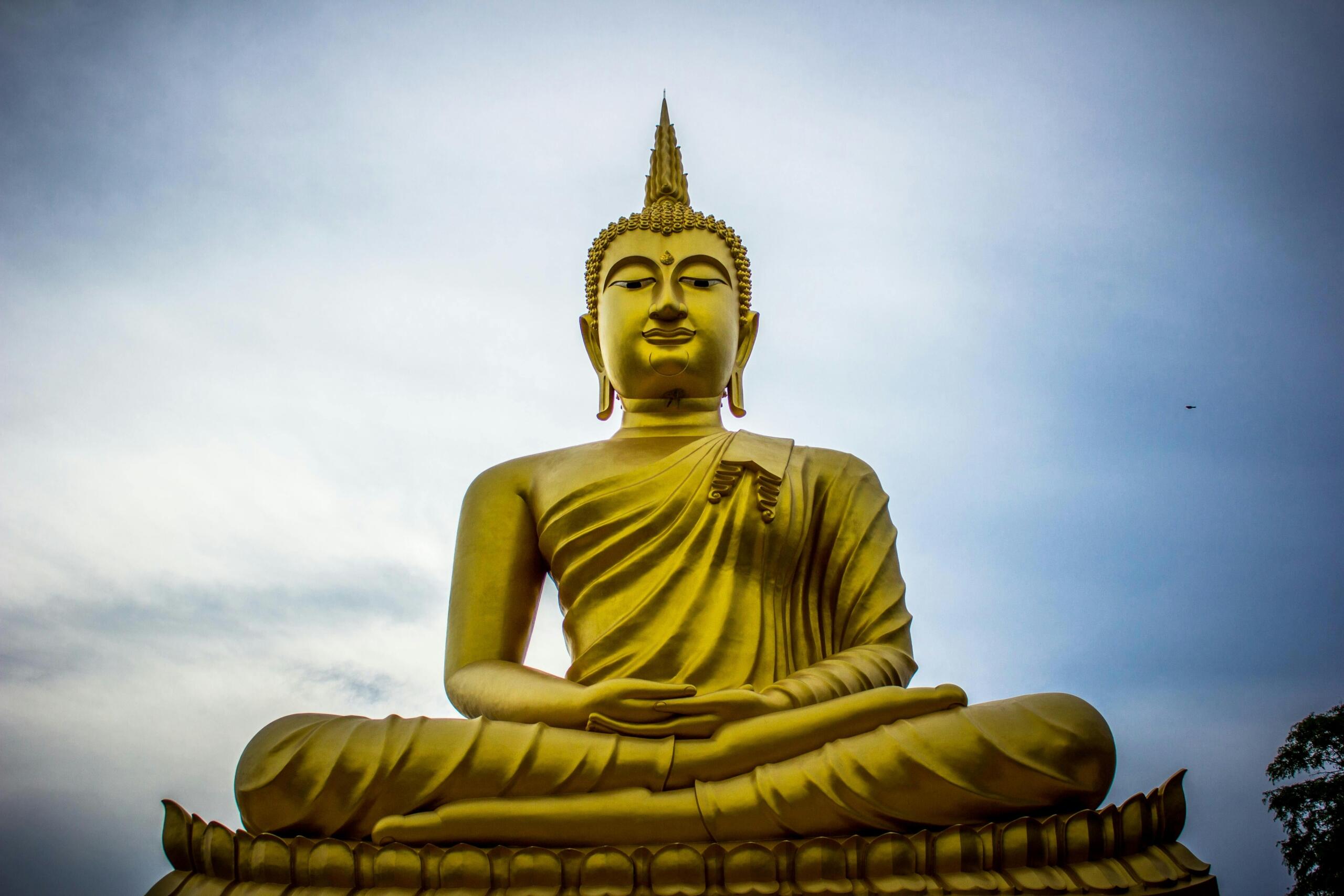 Gouden Boeddhabeeld in meditatiehouding straalt rust uit tegen een grijze lucht.