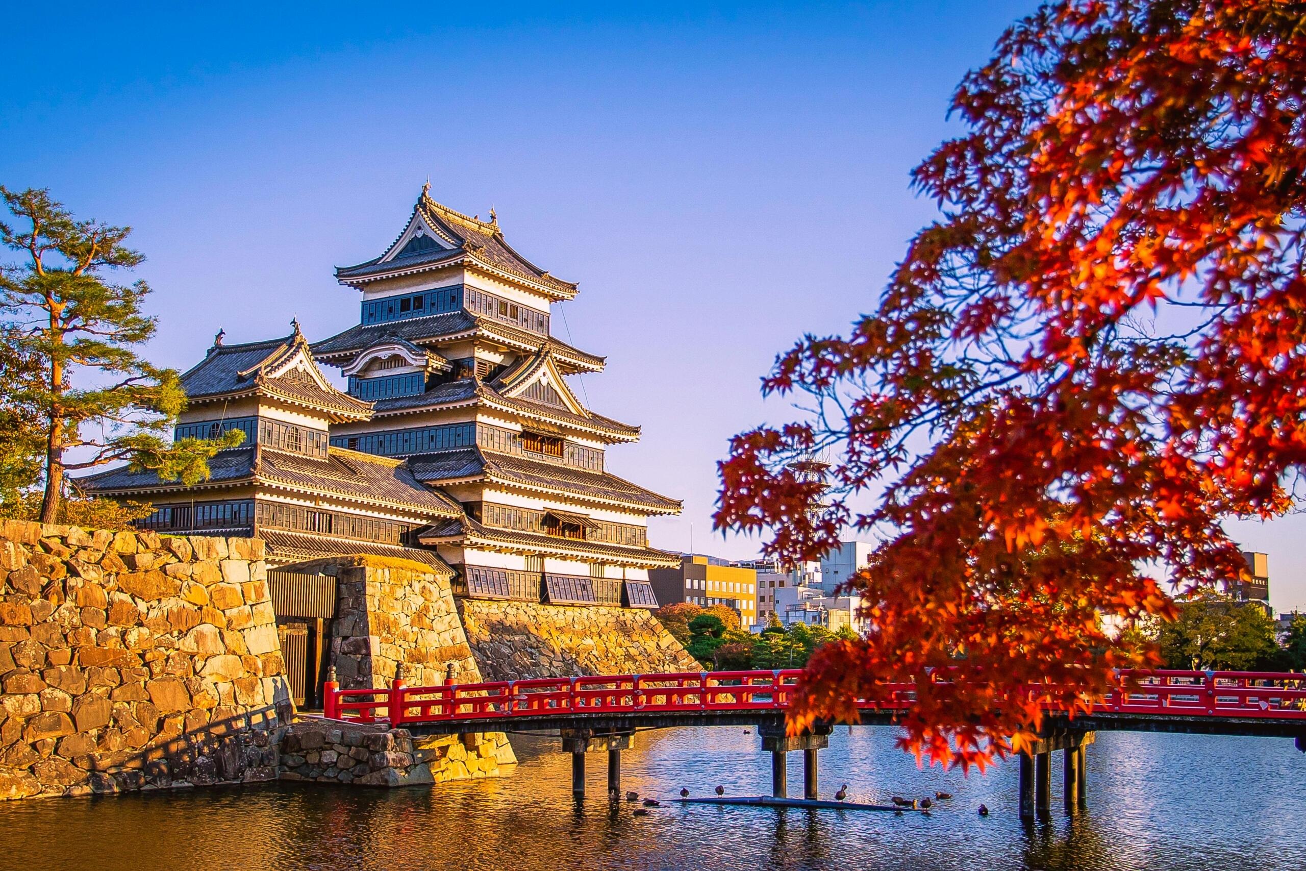 Uitzicht op het kasteel van Matsumoto met een rode brug die de gracht overspant en herfstbomen rondom het fort in Japan.