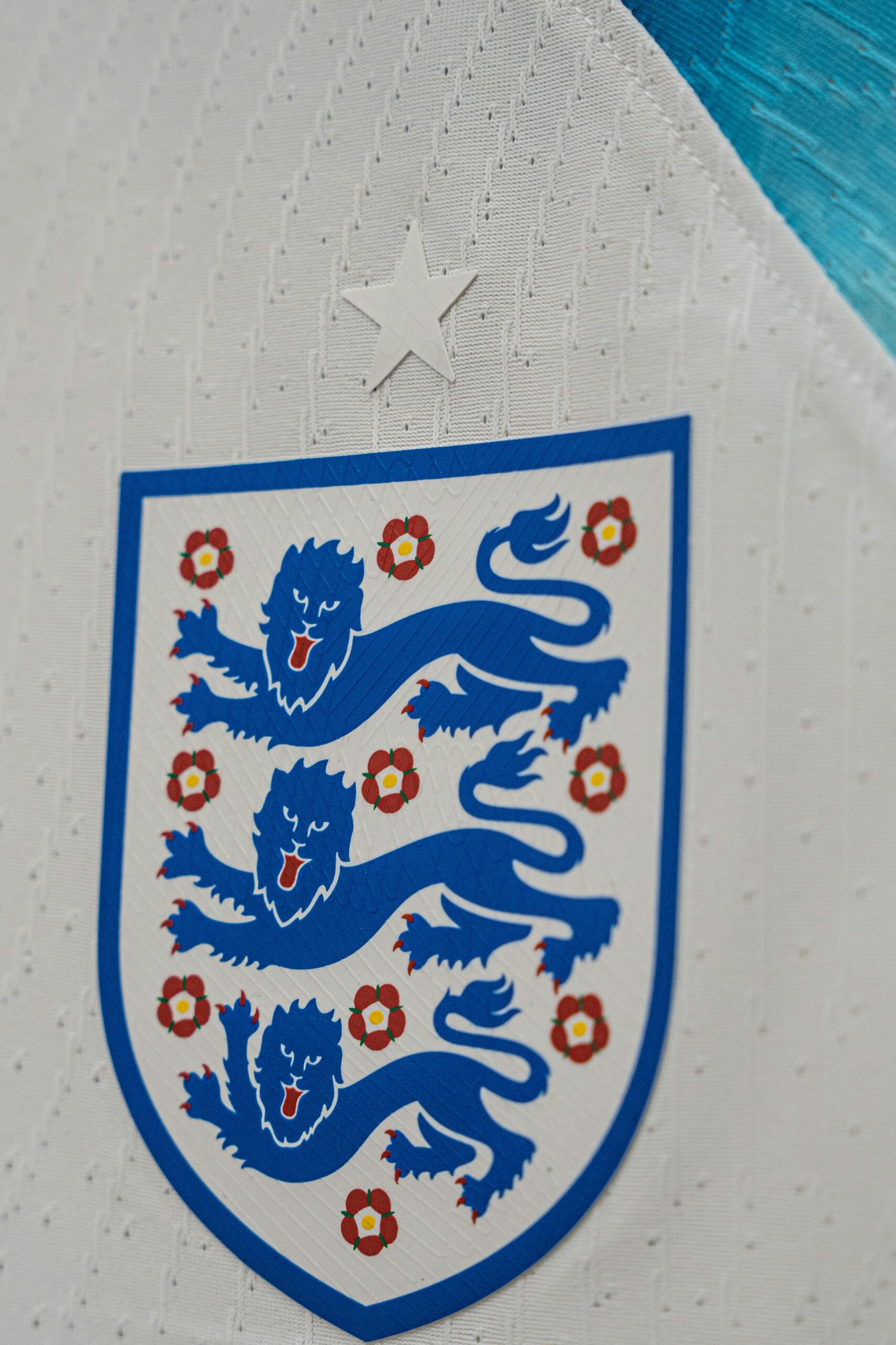 Close-up van een blauw-wit voetbalshirt met embleem.