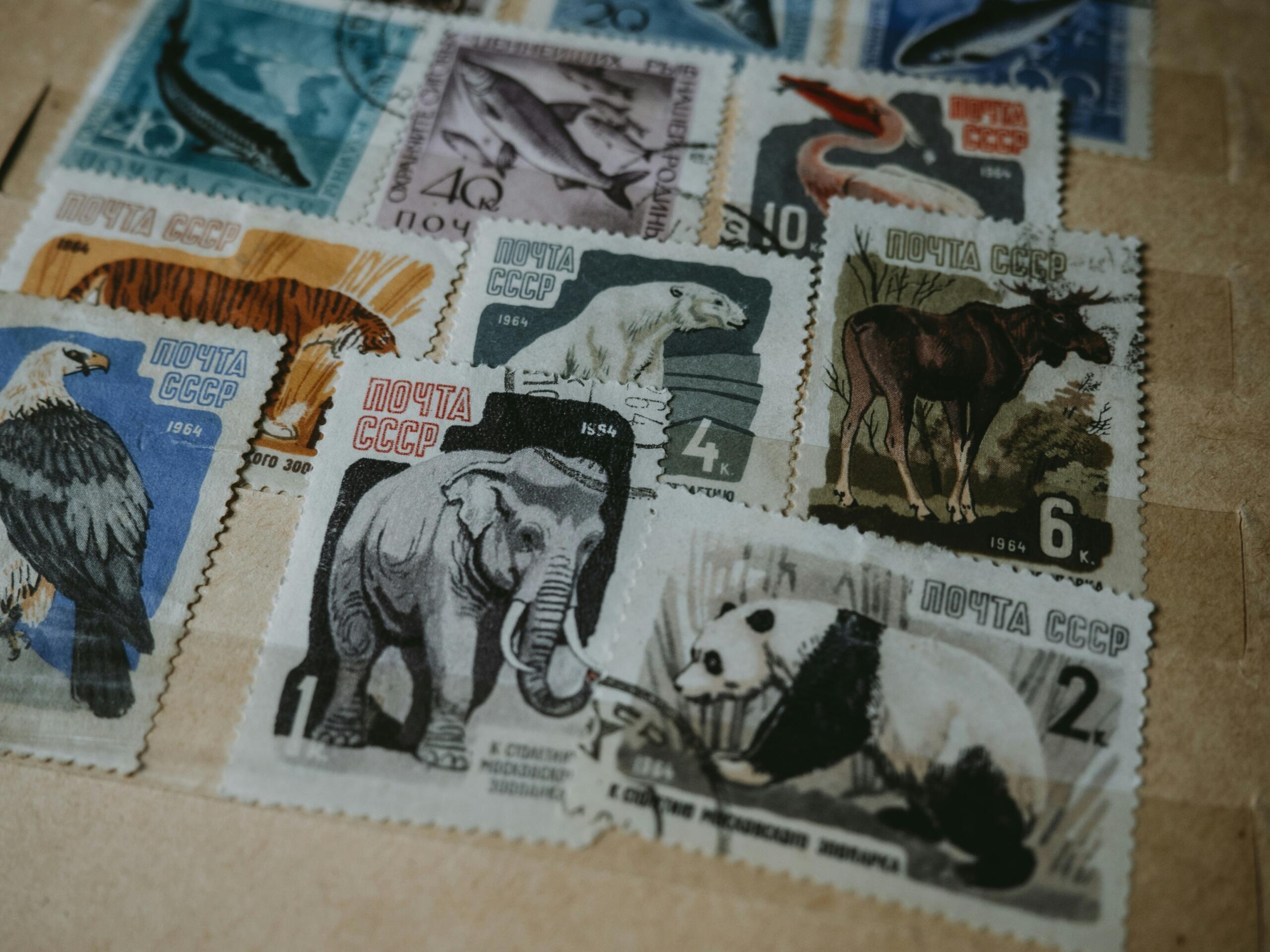 Postzegels met illustraties van verschillende dieren zoals een tijger, panda, olifant en adelaar | Anastasia Zhenina, via Unsplash