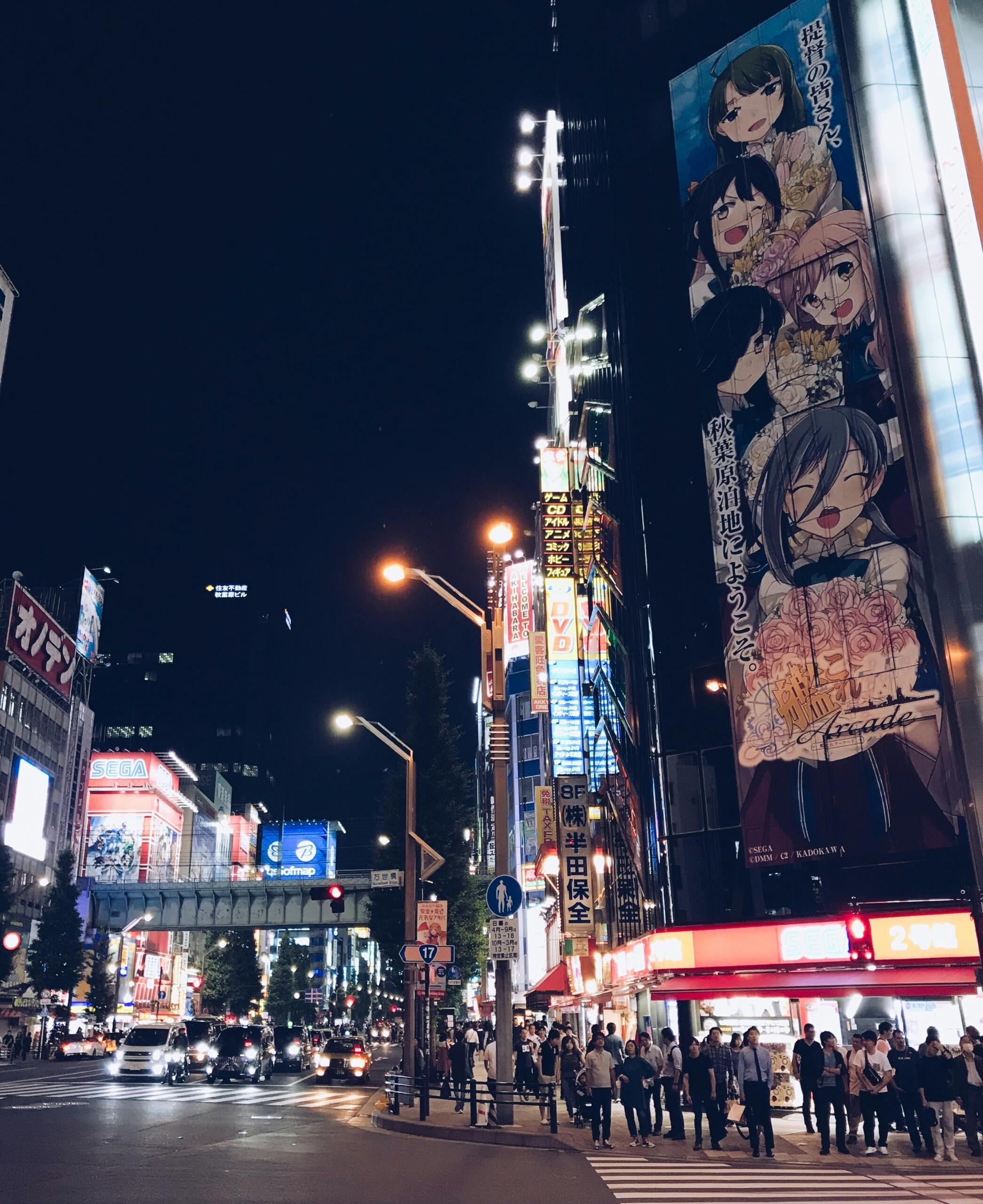 Japanse straat met neonlichten en een grote animeposter als voorbeeld van anime en Japanse popcultuur | nooooodles 1337, via Unsplash