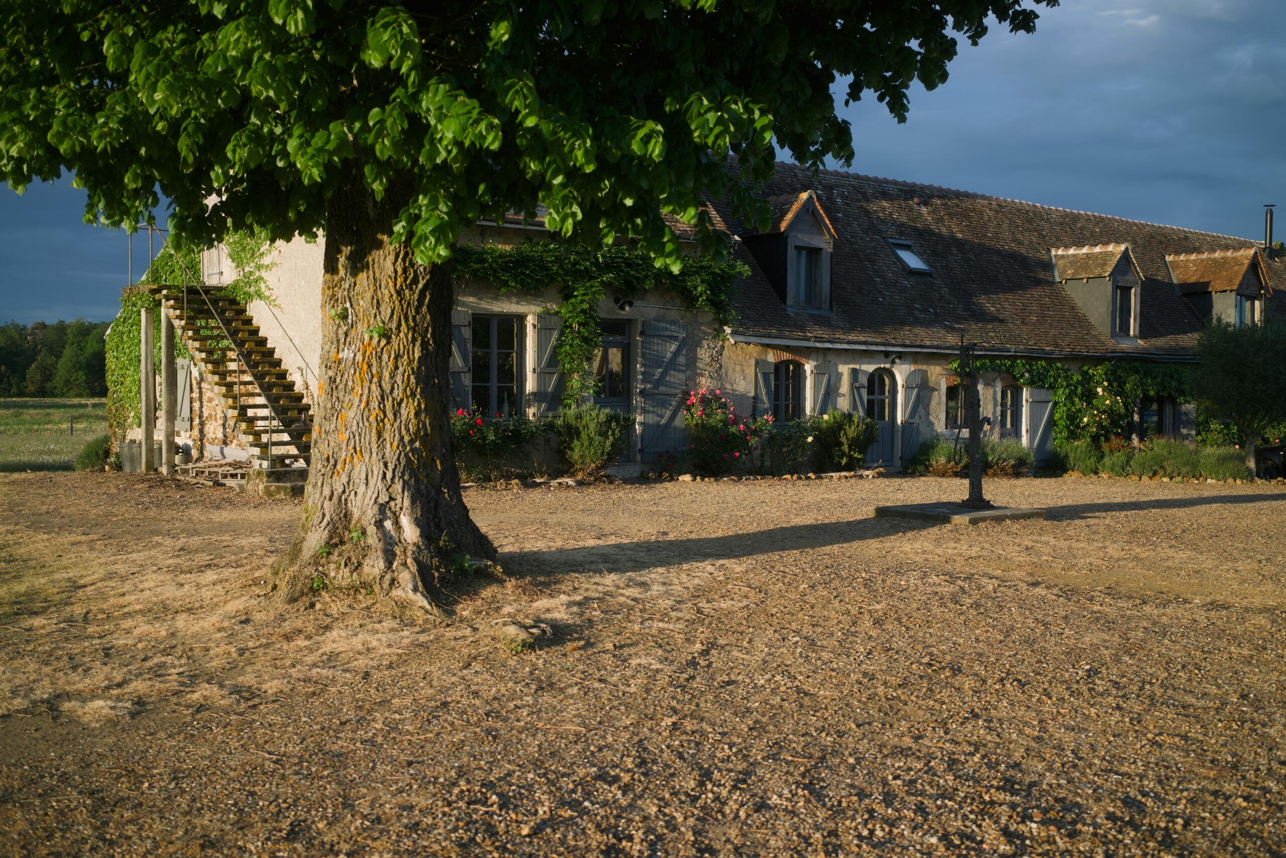 Een rustiek stenen huis met luiken en klimplanten staat op het Franse platteland.