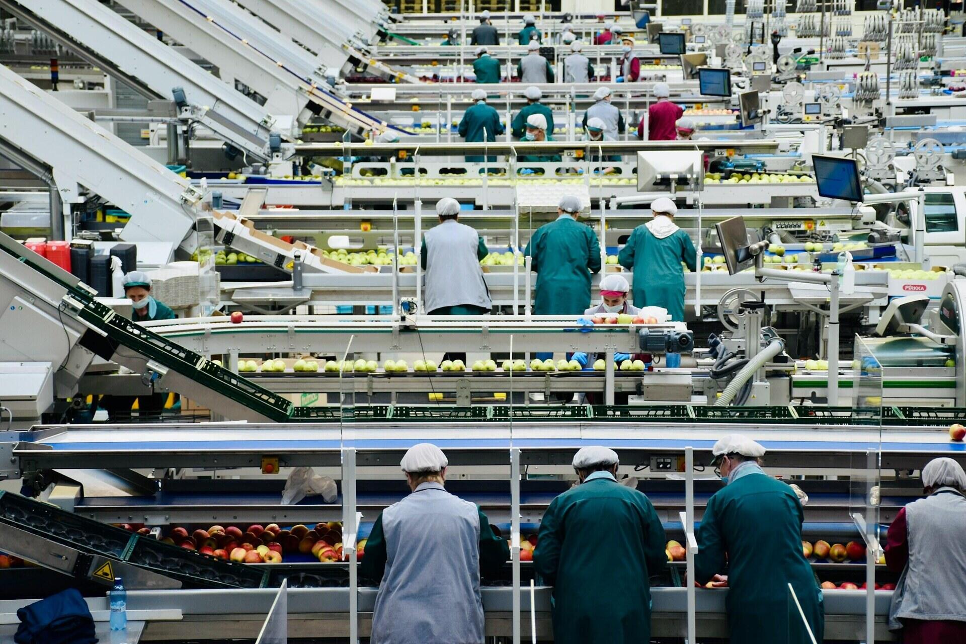 Medewerkers aan productielijnen in een grote fabriek