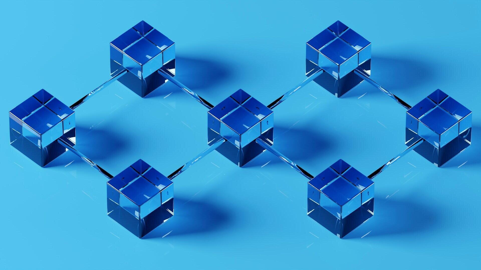 Blauwe transparante blokken die in een netwerk met elkaar zijn verbonden