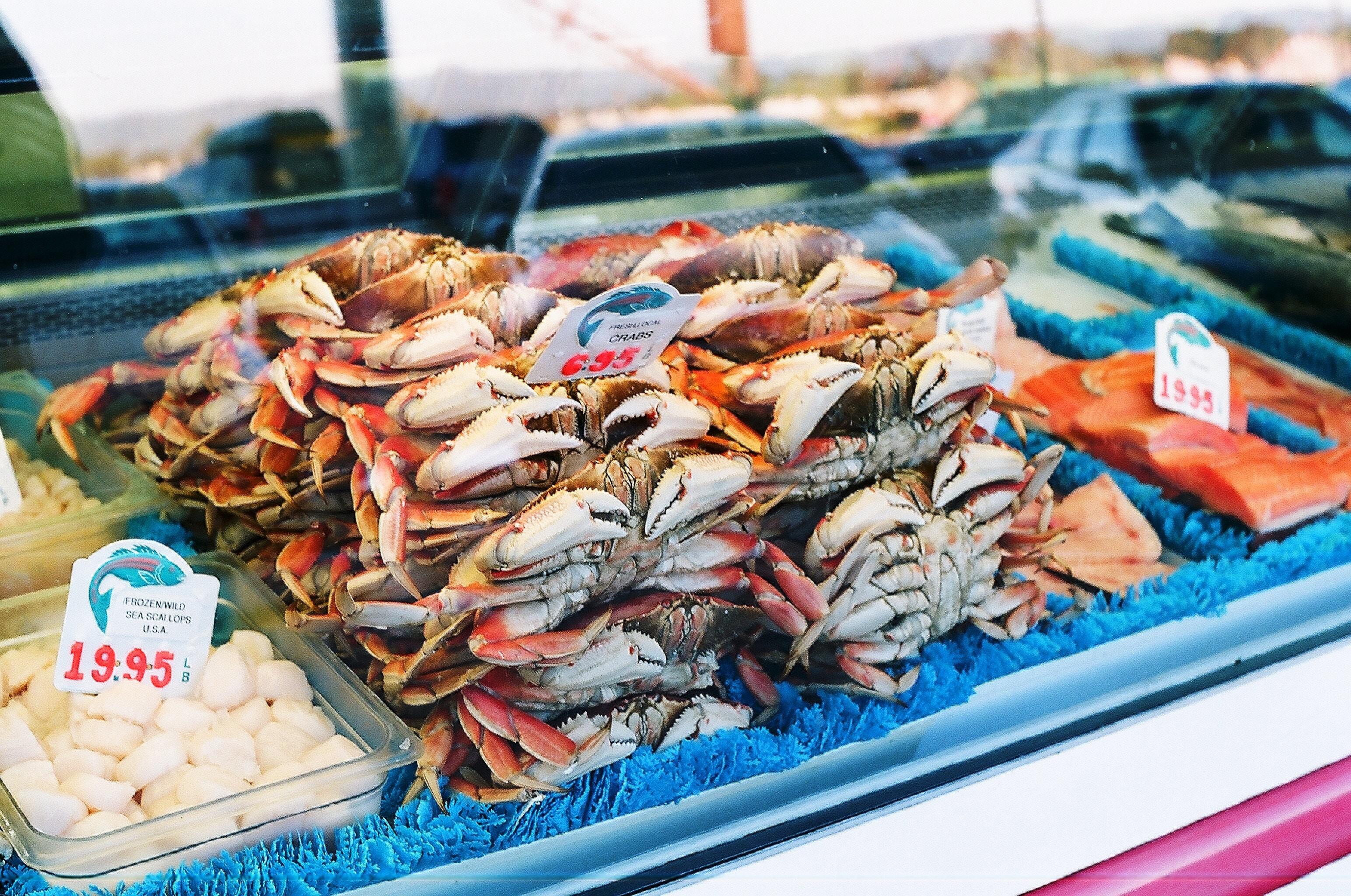 Krabber ligger stablet i en fiskedisk