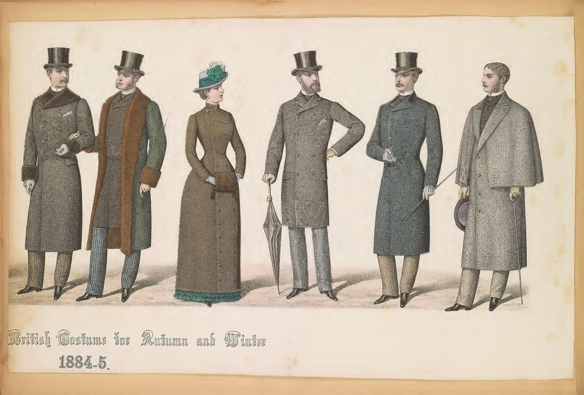 En plansje viser fem menn og en dame i vinterantrekk. Teksten «British Costume for Autumn and Winter 1884-5» står skrevet på.