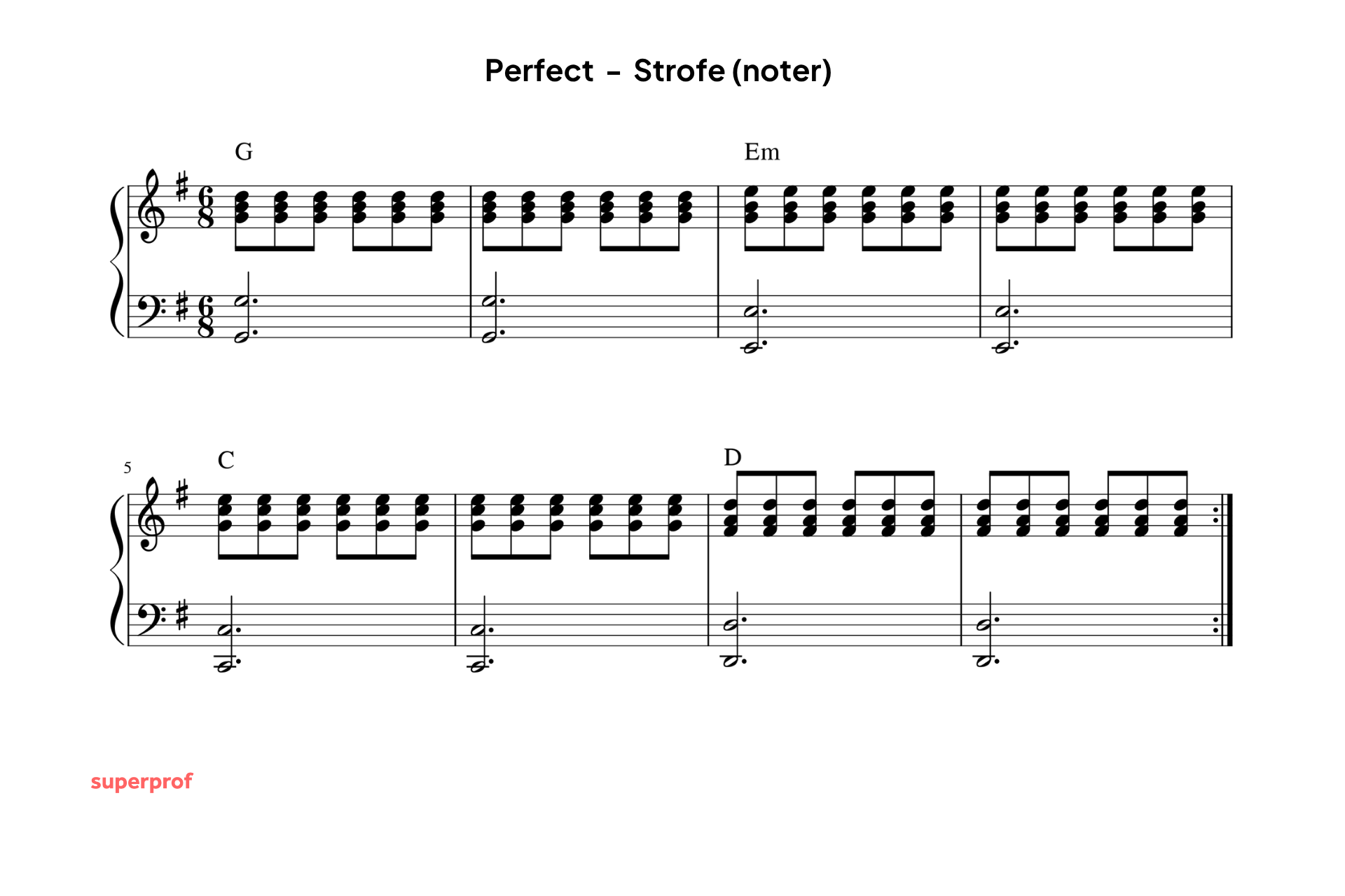 Perfect» av Ed Sheeran – vers i noteform for piano i 6/8-takt
