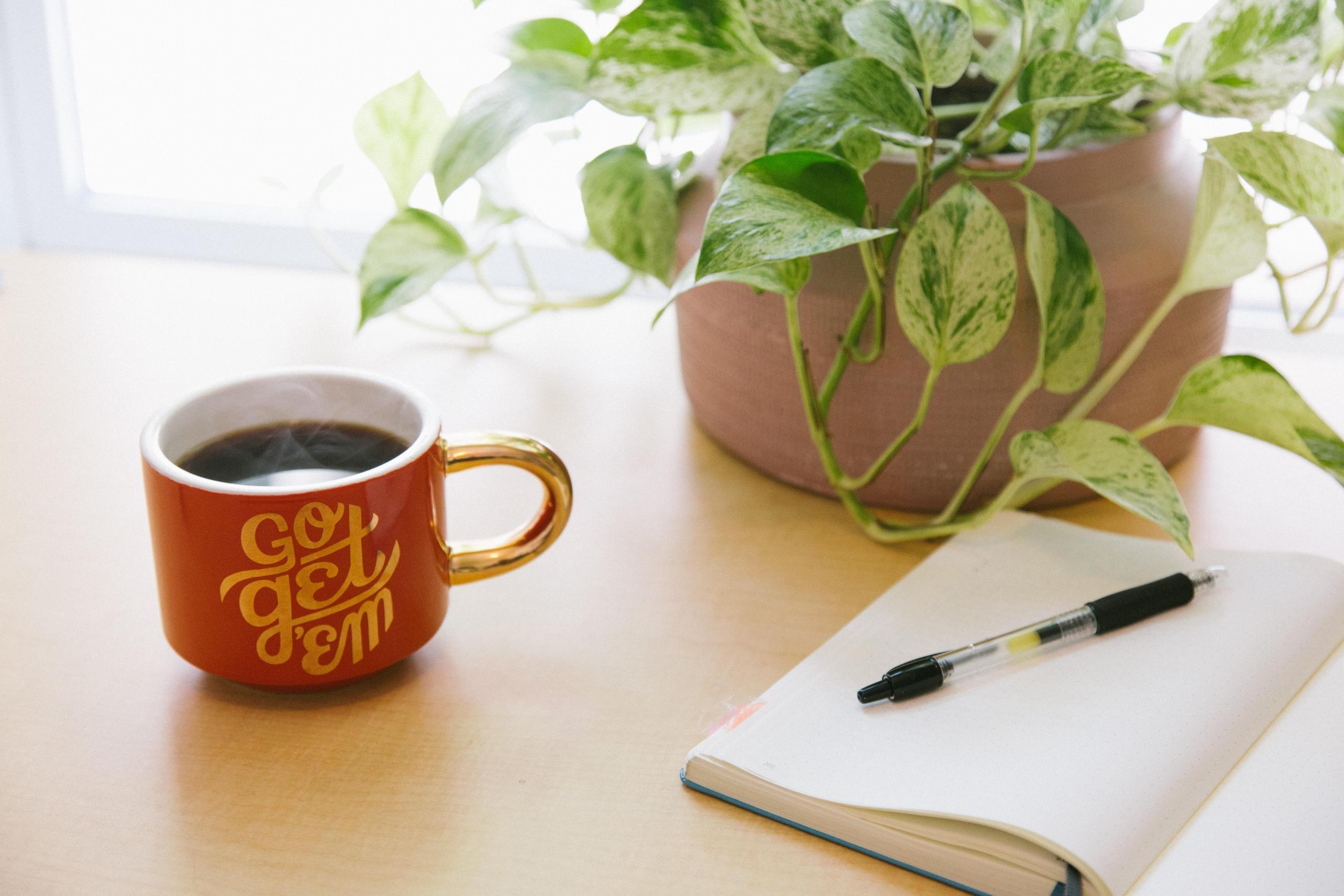 en kaffekopp som det står go get 'em på står på et bord ved siden av en plante og en notatbok