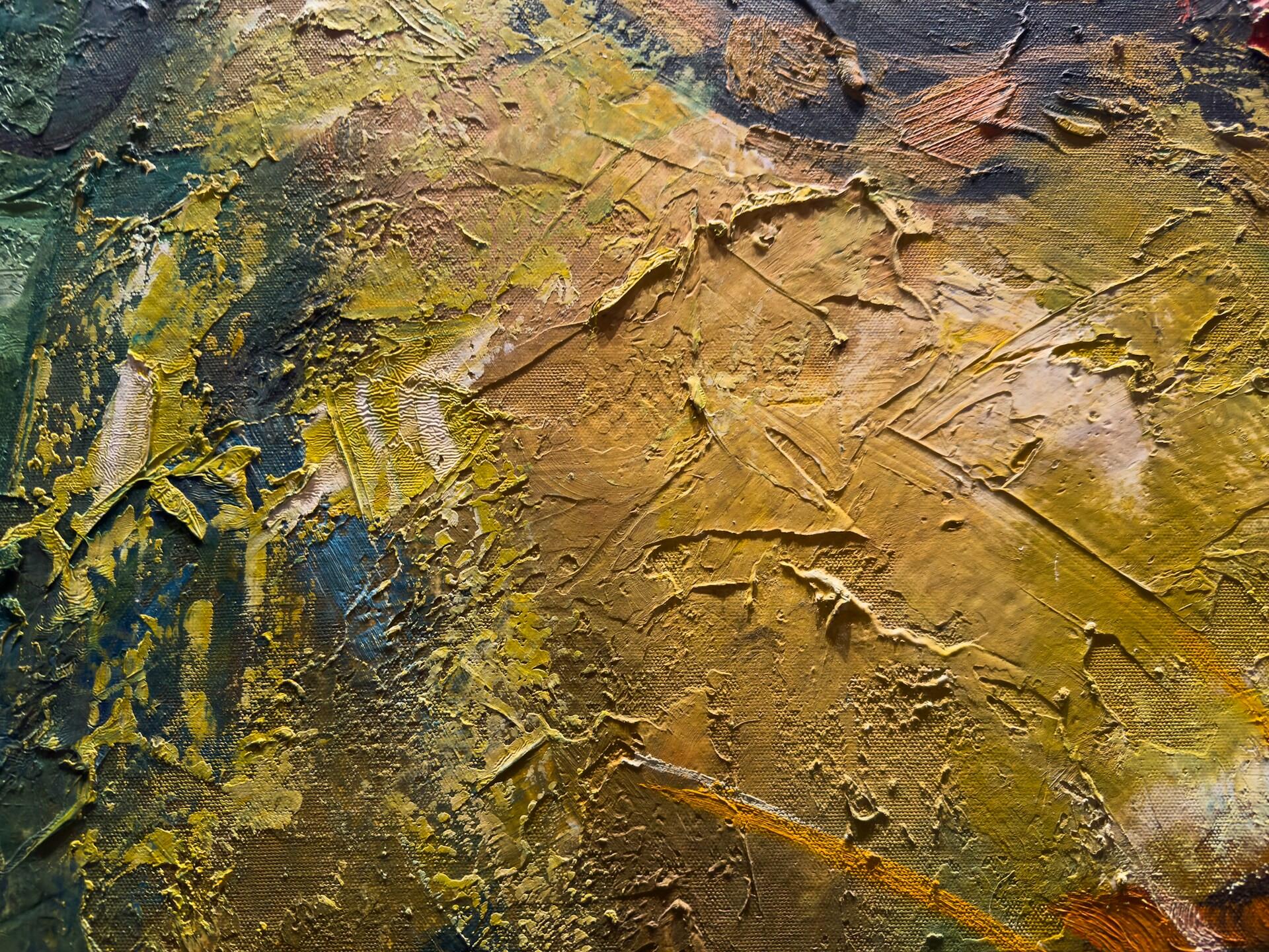 Nærbilde av impasto-maleri med tykke lag oljemaling og tydelig tekstur på lerret.