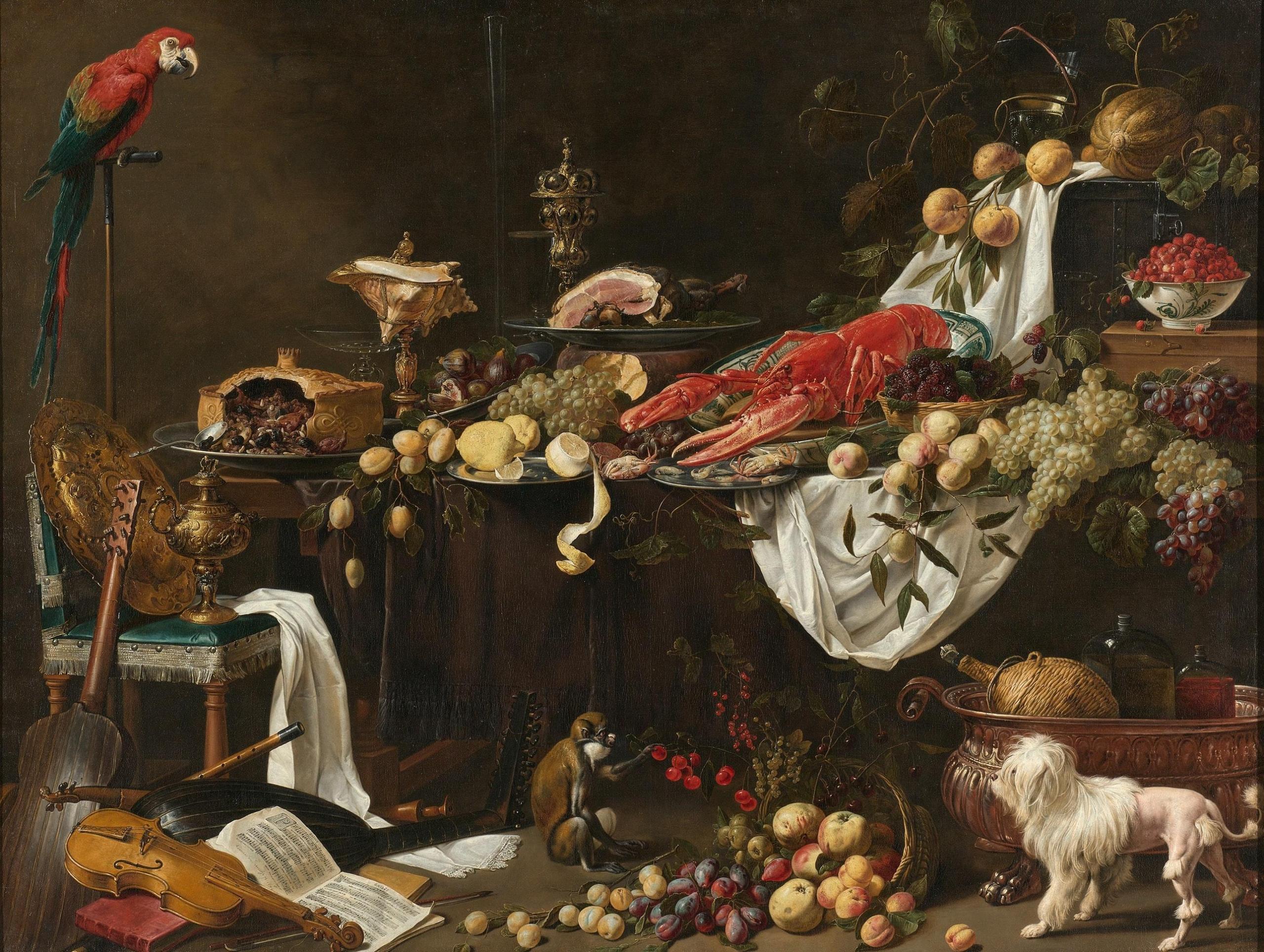 stilleben med frukt og hummer, en hund, en ape og en papegøye henger rundt. Banquet still life, Adriaen van Utrecht, 1664.