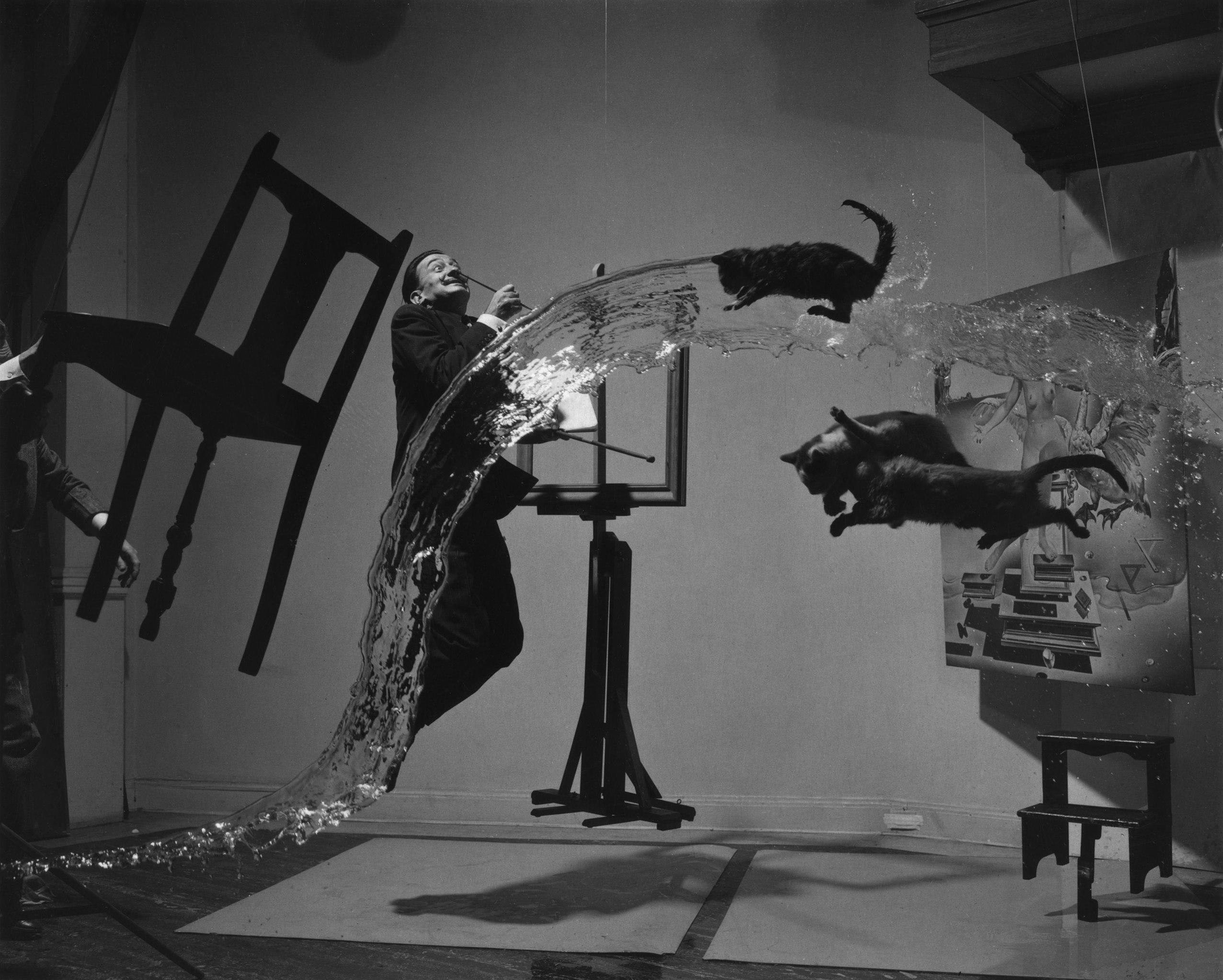 svart-hvitt-foto av dali og katter som svever i et rom, surrealistisk portrett av en surrealistisk kunstner