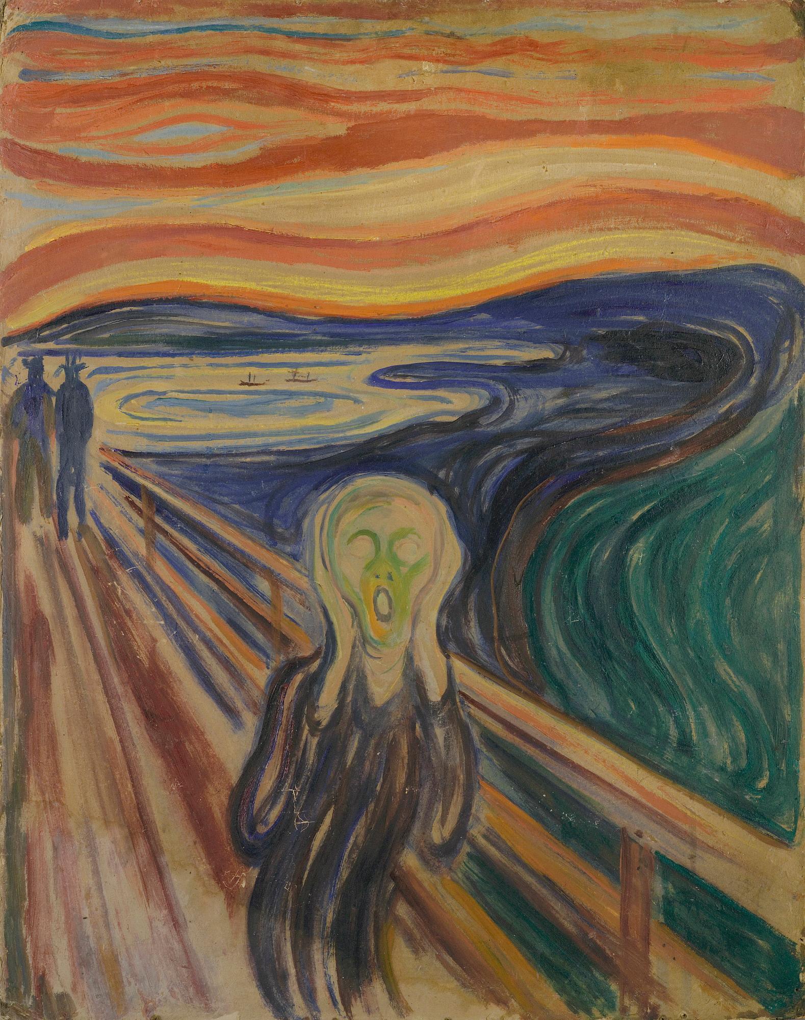 versjon av skrik fra 1910, figur står langs et rekkverk med hendene til hodet og skriker, i bakgrunnen går to mennesker, solnedgangen er rød og gul