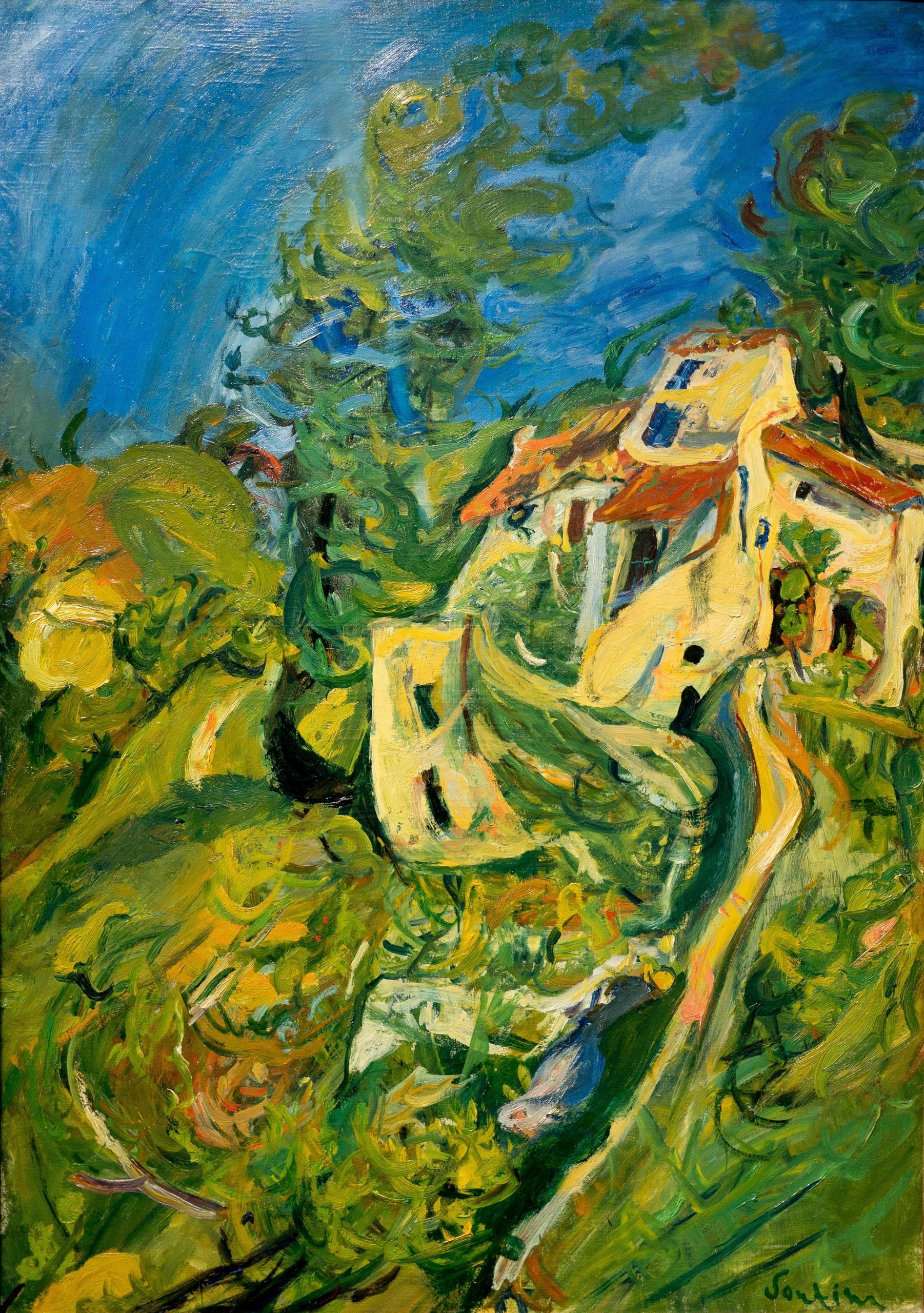 maleri av forvridde blekgule hus i grønt landskap under blå himmel, malt av chaïm soutine i 1922-23