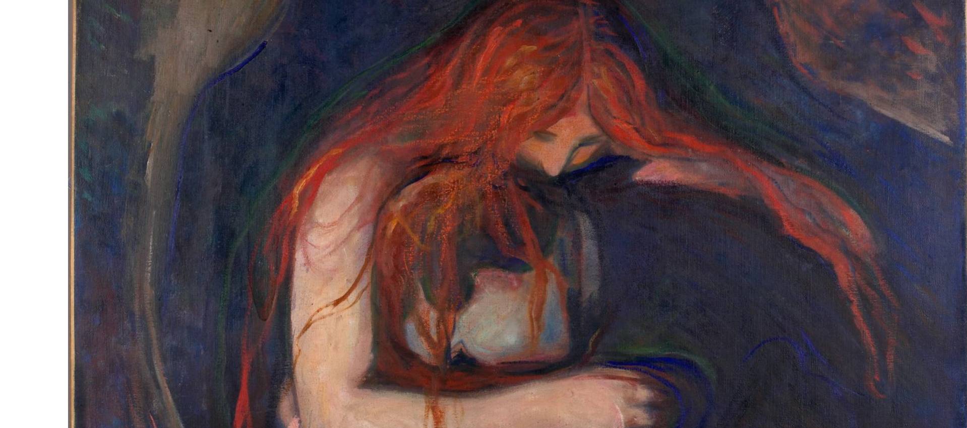 Vampyr av Munch: En rødhåret kvinne bøyer seg over og mot nakken på en mørkkledd mann som sitter foroverbøyd