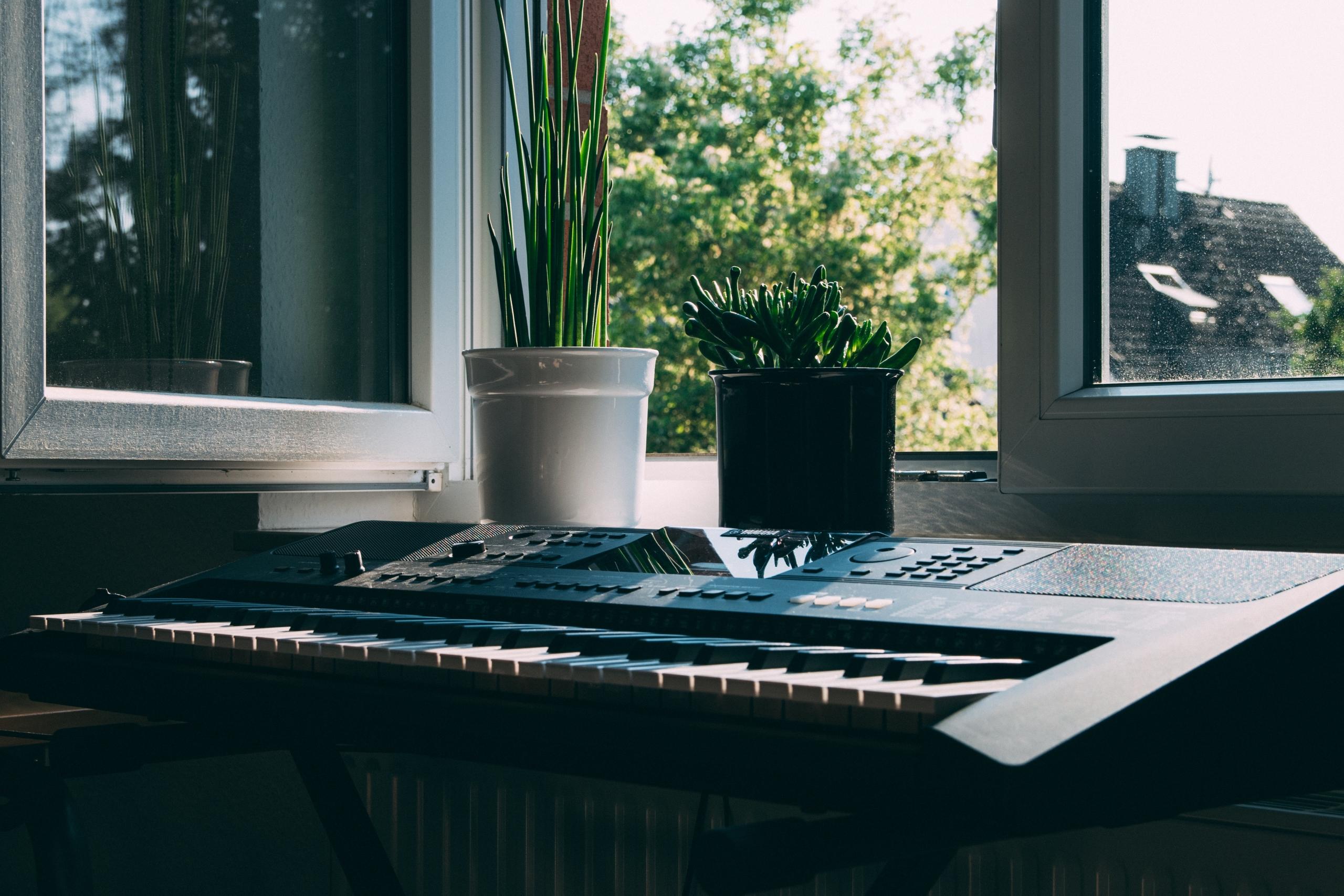 et keyboard står foran et åpent vindu med planter i karmen
