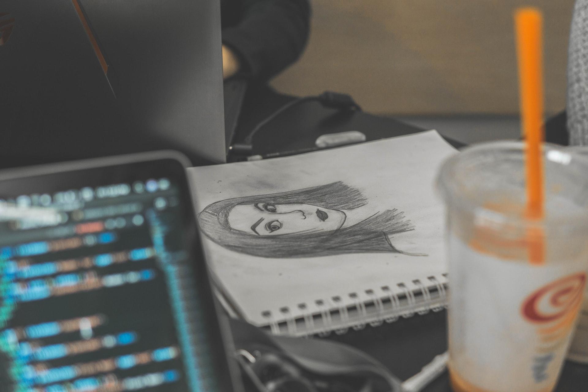 En skisse av et portrett av en kvinne på en blokk