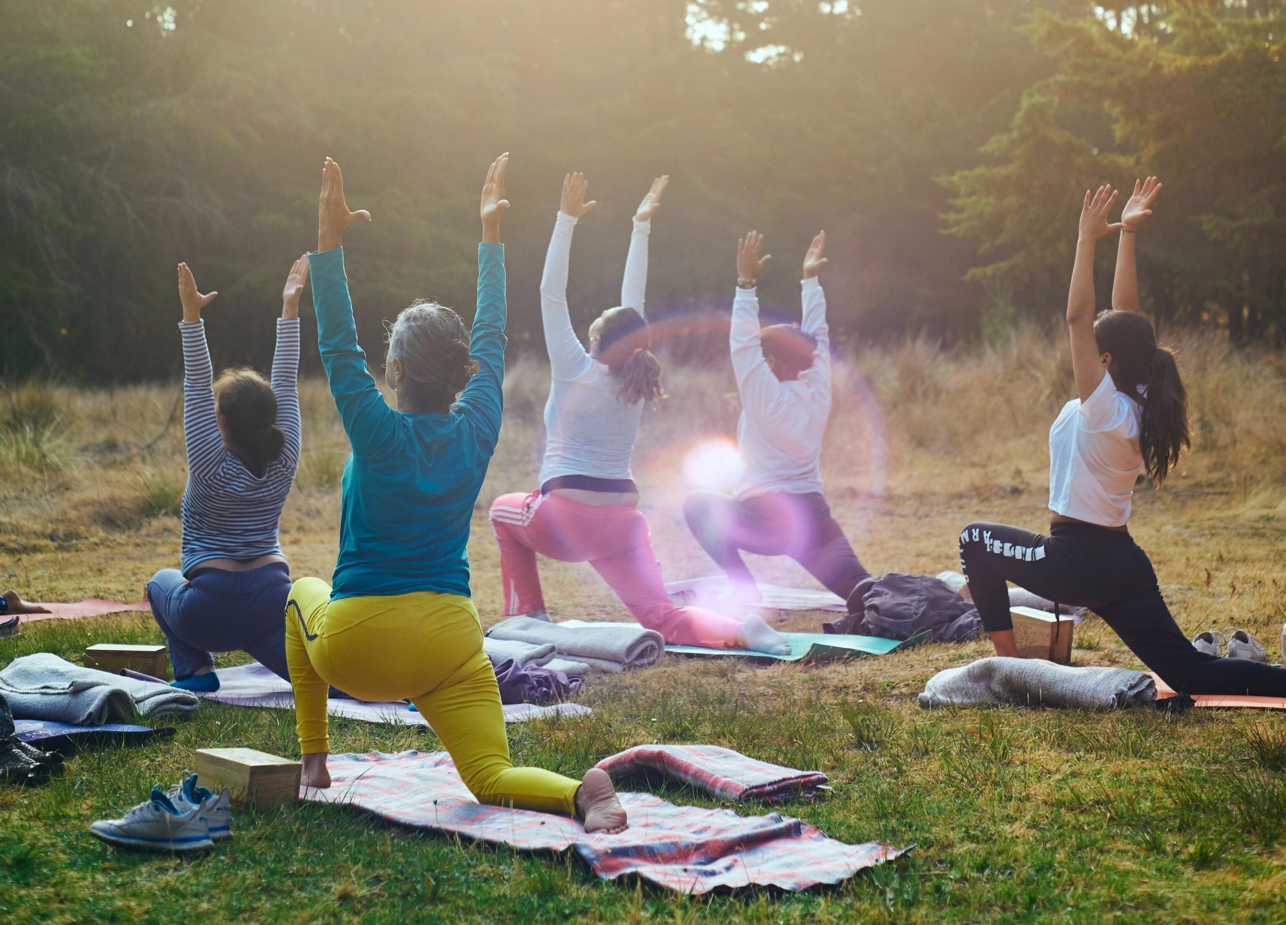 en gruppe kvinner gjør yoga på en eng, sola skinner på dem, det har tatt med seg yogamattene ut