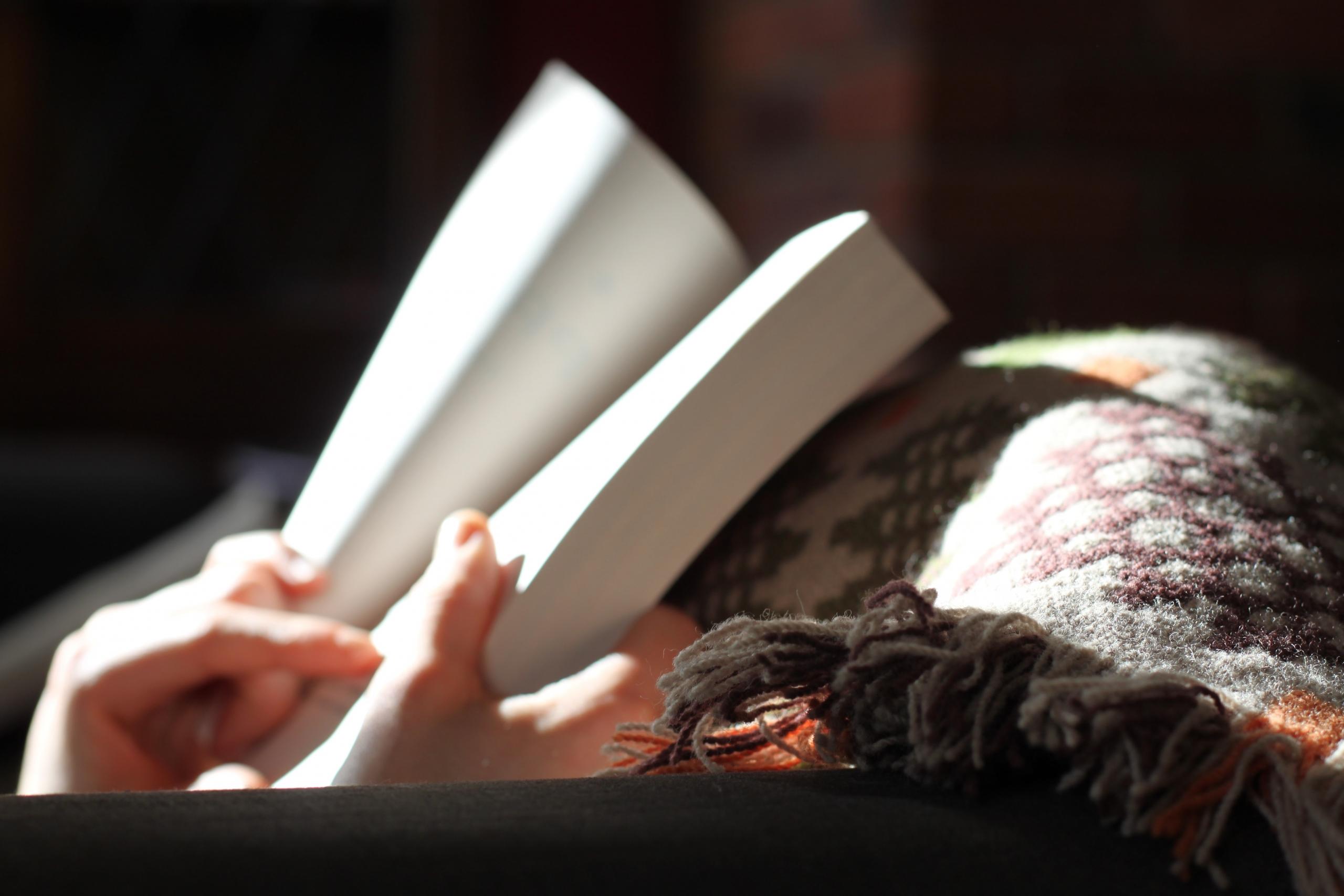 en person holder en bok og leser fransk i sollyset
