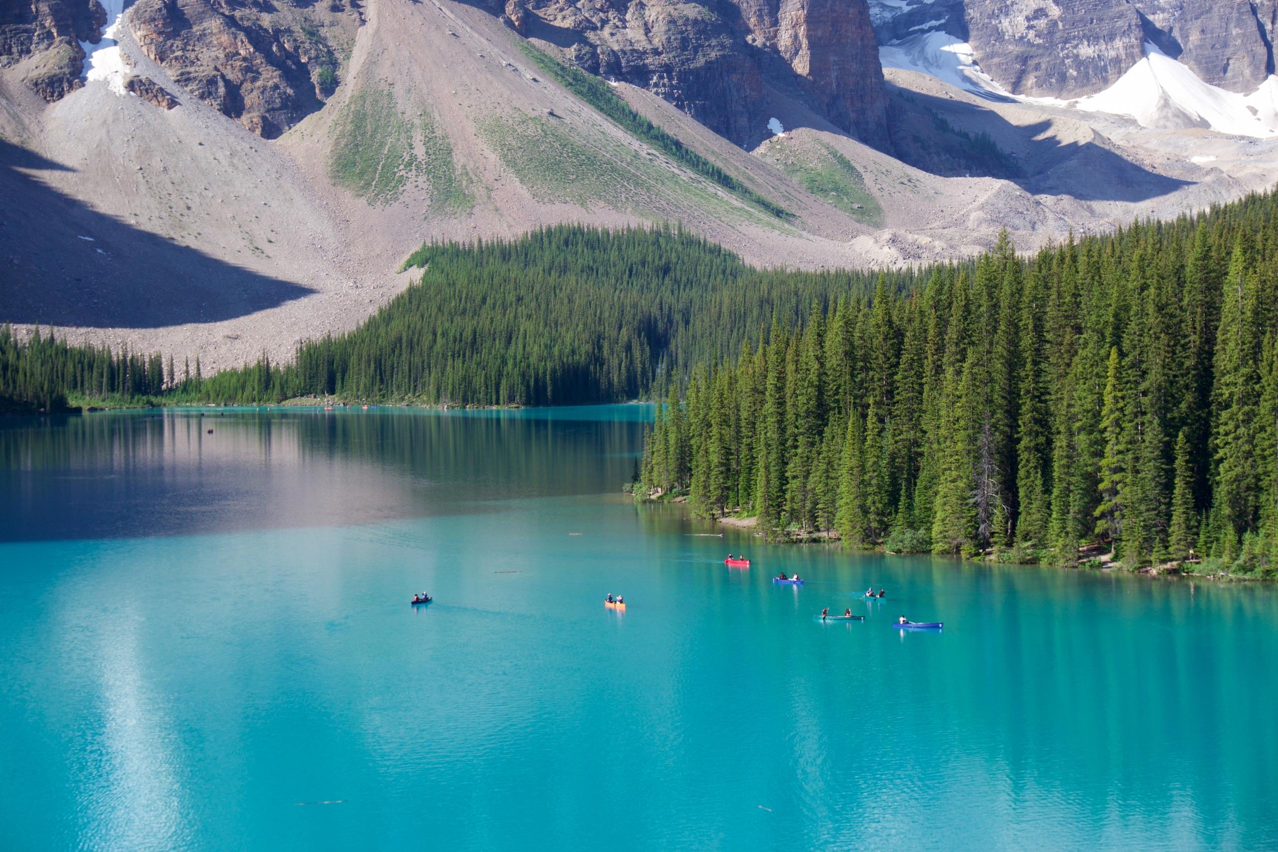 dra på ferie til en blå innsjø i alberta, canada med barskog helt inn til vannet og fjell i bakgrunnen