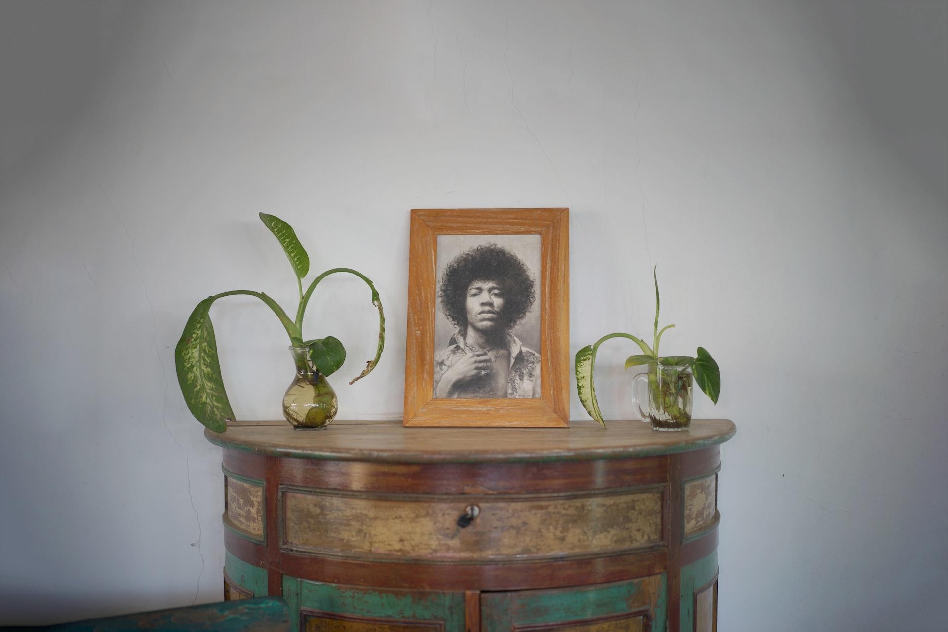 Innrammet bilde av Jimi Hendrix på en trekommode med planter ved siden av.