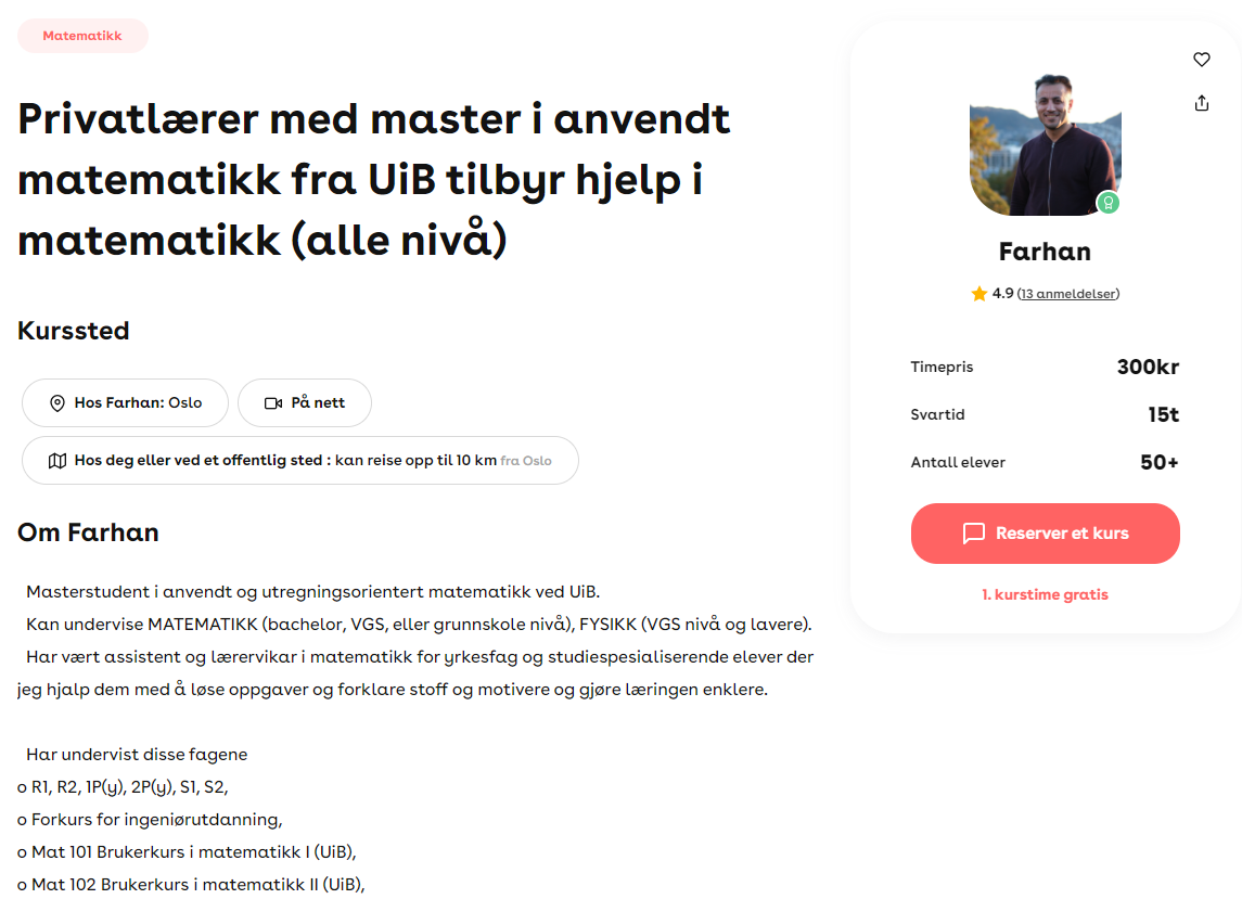 Profilen til en matematikklærer på SuperProf