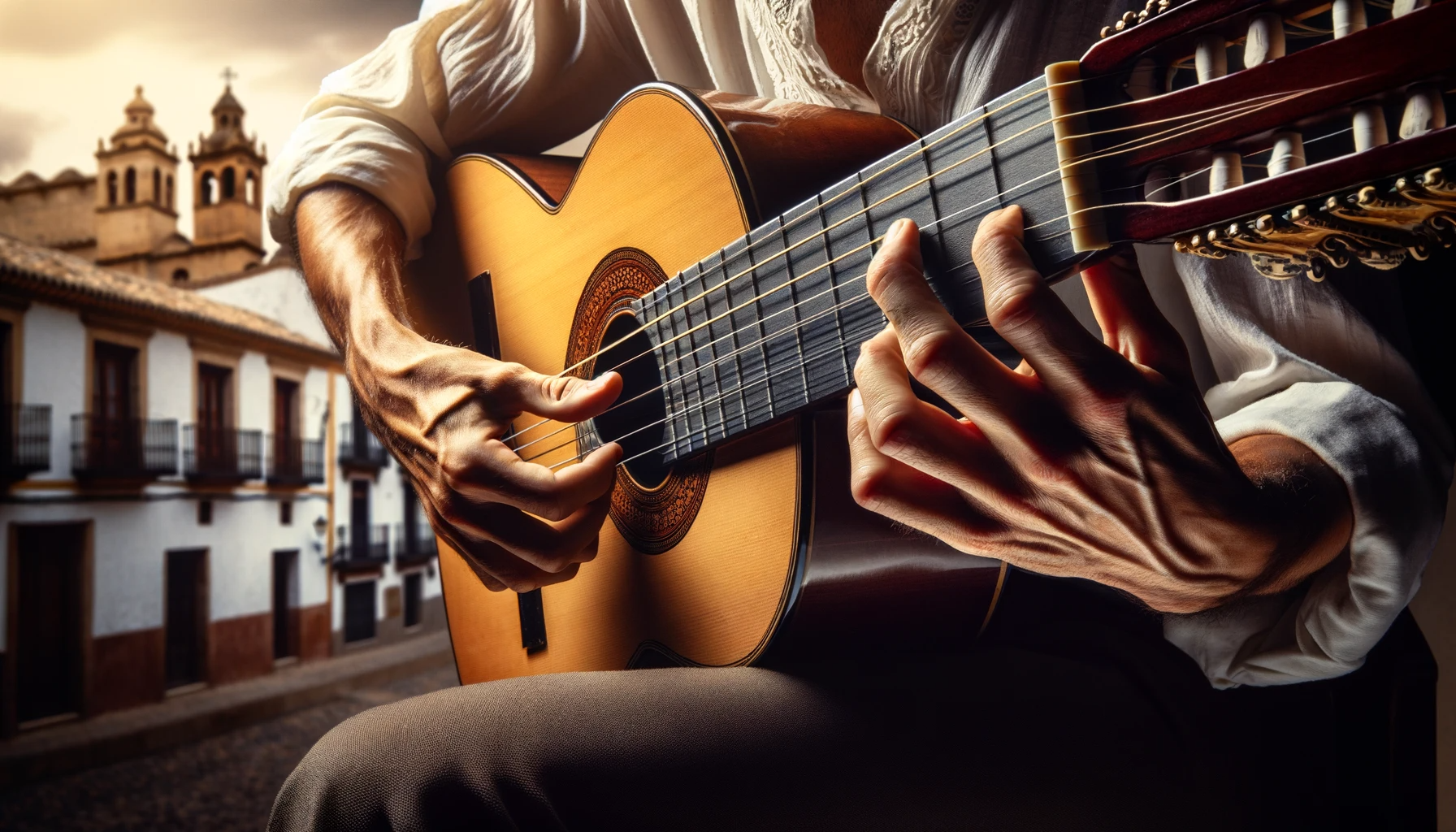 En flamencogitarist uttrykker sin lidenskap gjennom musikken, med fokuserte hender som danser over gitarens strenger foran en klassisk andalusisk bakgrunn.