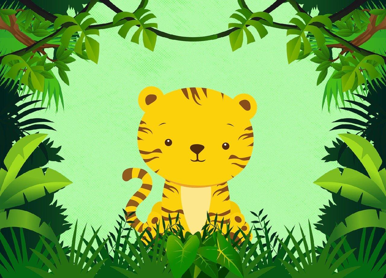 Tegneserieillustrasjon av en liten tiger i en jungelsetting.