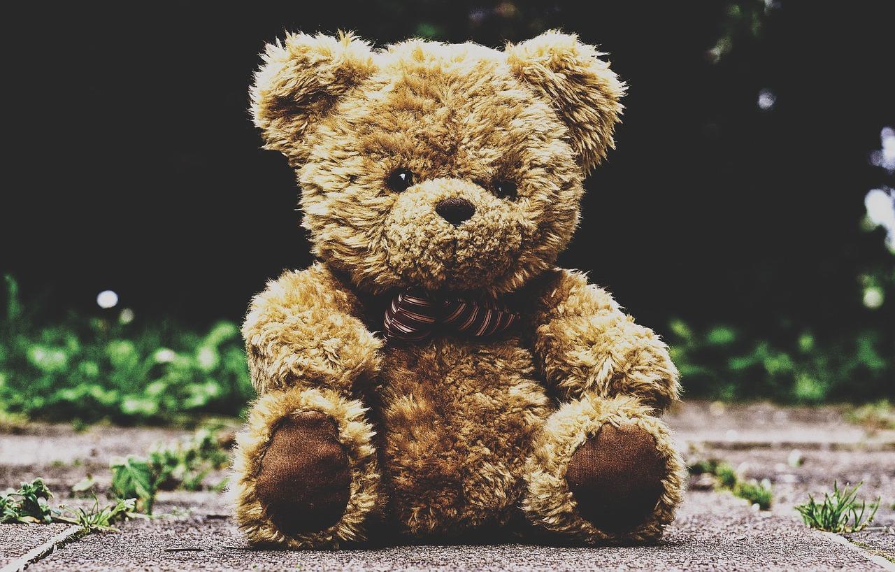 En brun teddybjørn sitter alene på en steinbelagt overflate omgitt av grønt gress.