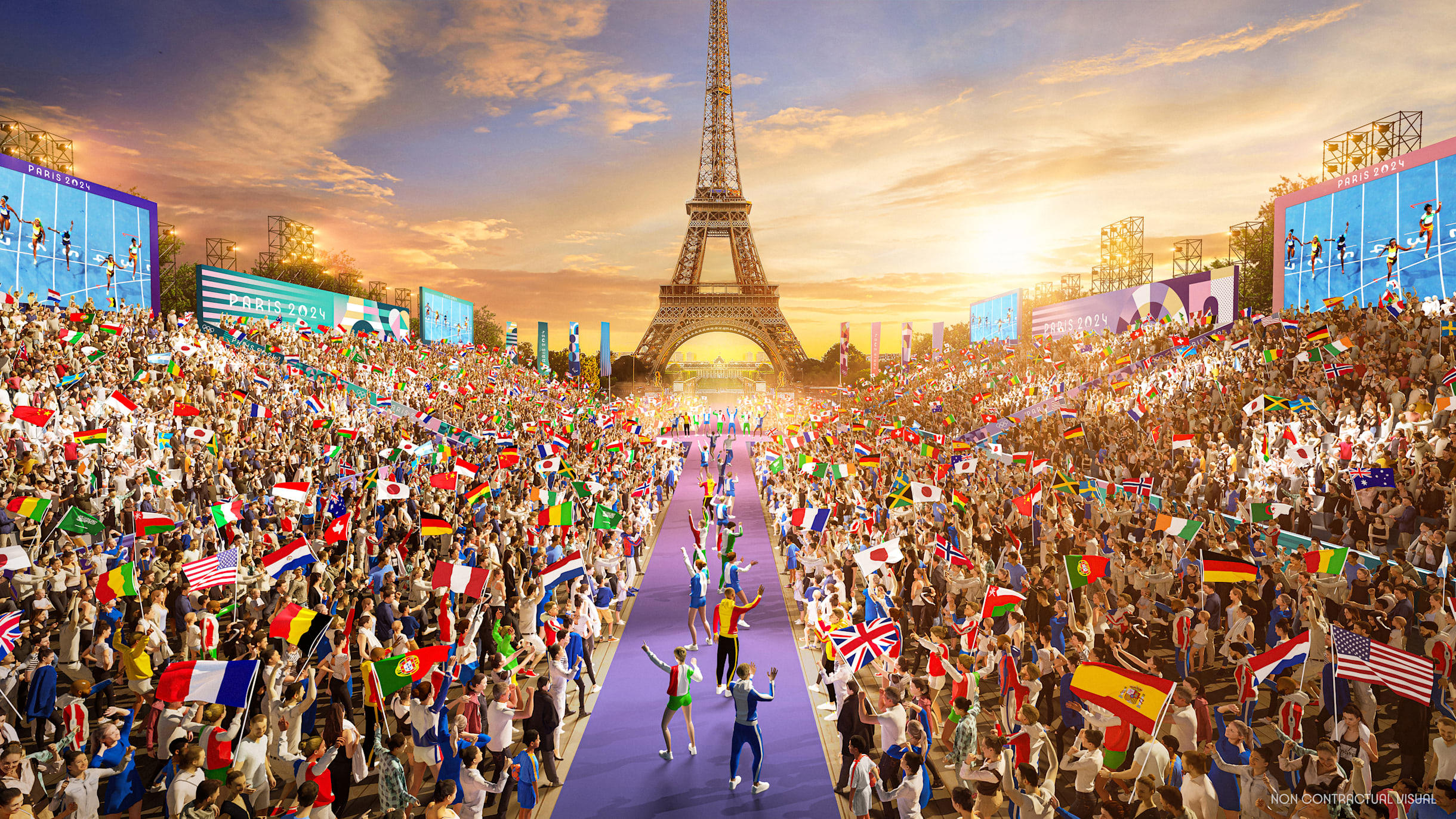Paris OL 2024. Animert bilde av en stadion foran eiffeltårnet med masse folk som veiver med alle lands flagg.