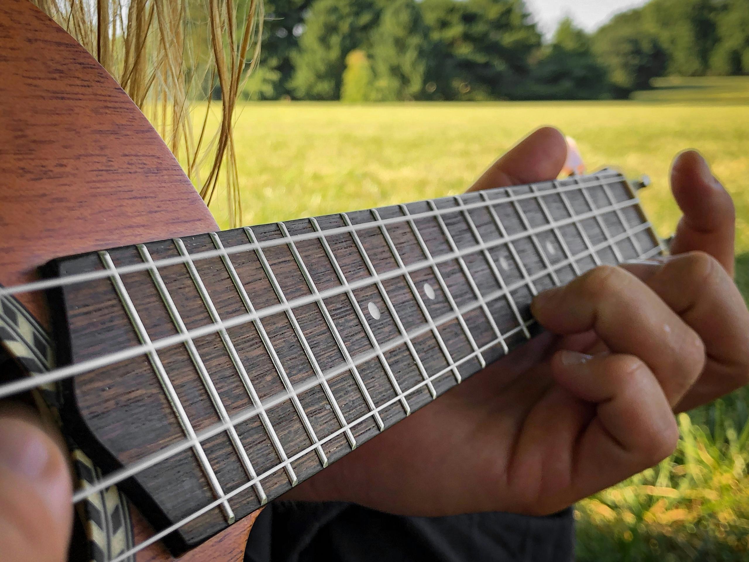 Nærbilde av fingre som spiller på ukulele-strenger. Bilde av Frames For Your Heart.