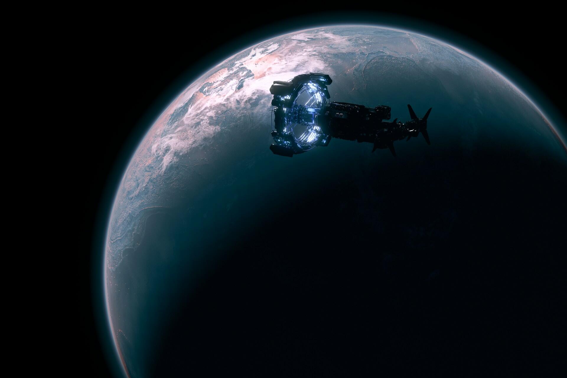 Moderne satellitt i bane rundt jorden mot verdensrommet