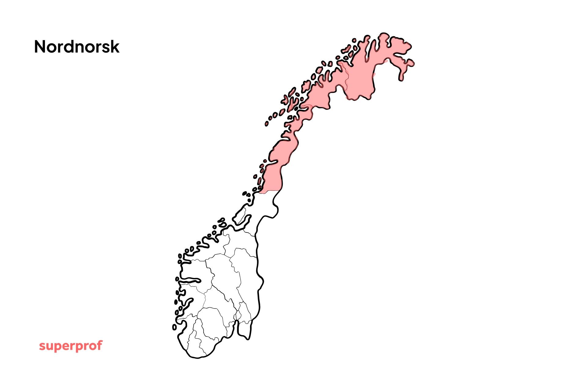 Illustrasjon som viser fylkene Nordland, Troms og Finnmark markert i rosa på et kart over Norges fylker.