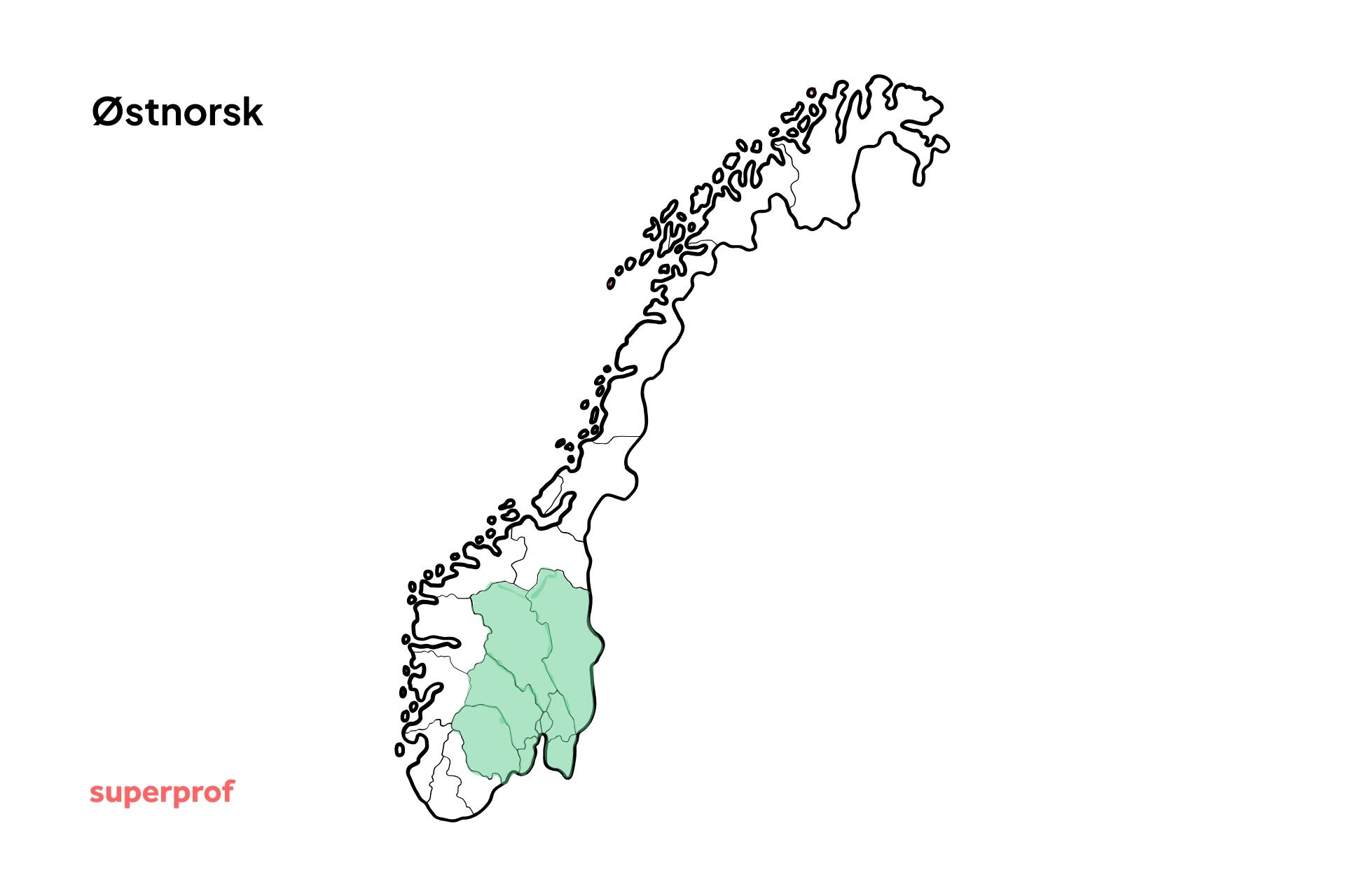 Illustrasjon med kart over Norge og et område markert i grønt for å indikere hvor man finner østnorske dialekter