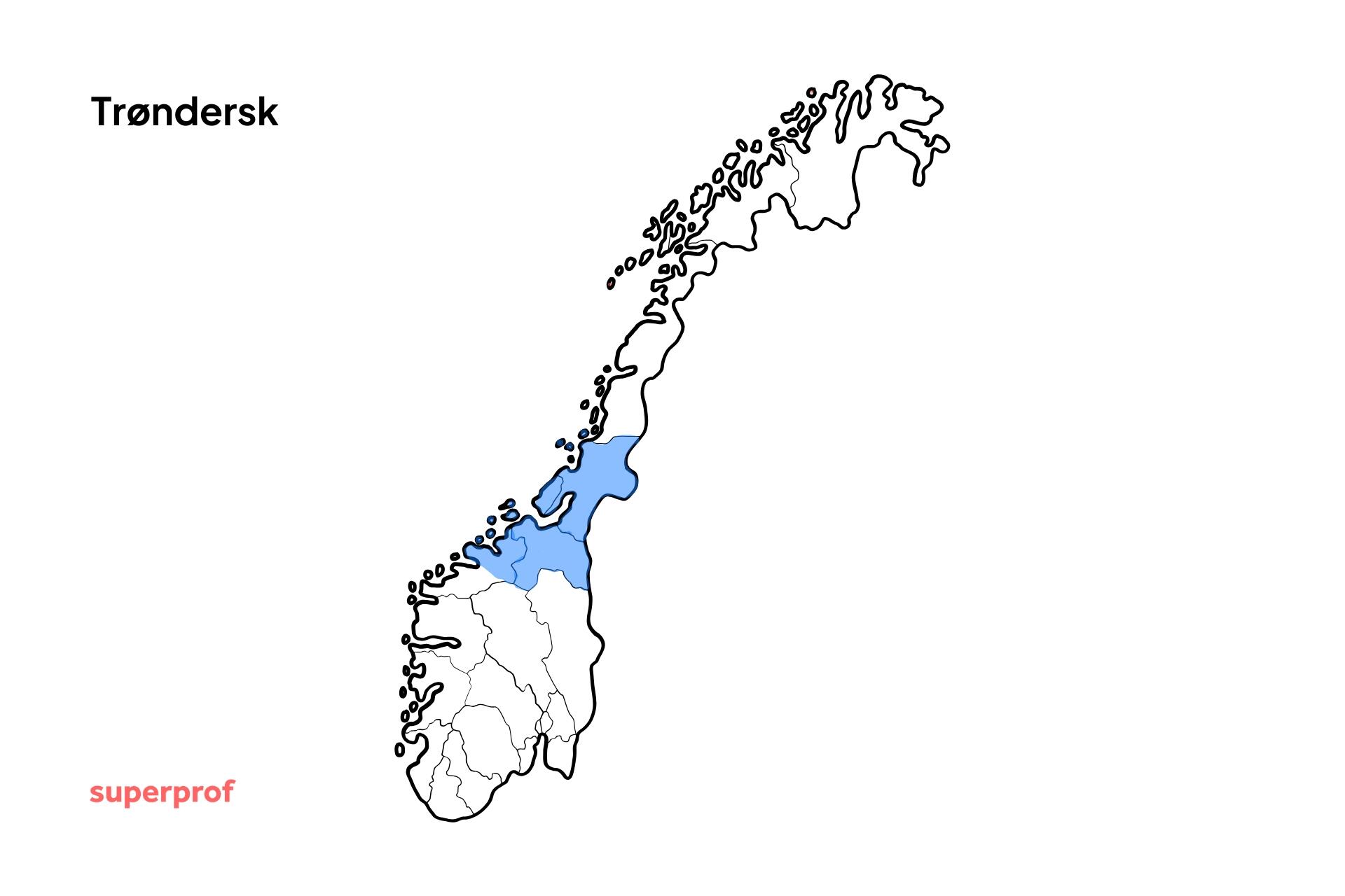Illustrasjon av kart over Norge, hvor Midt-Norge er farget i blått