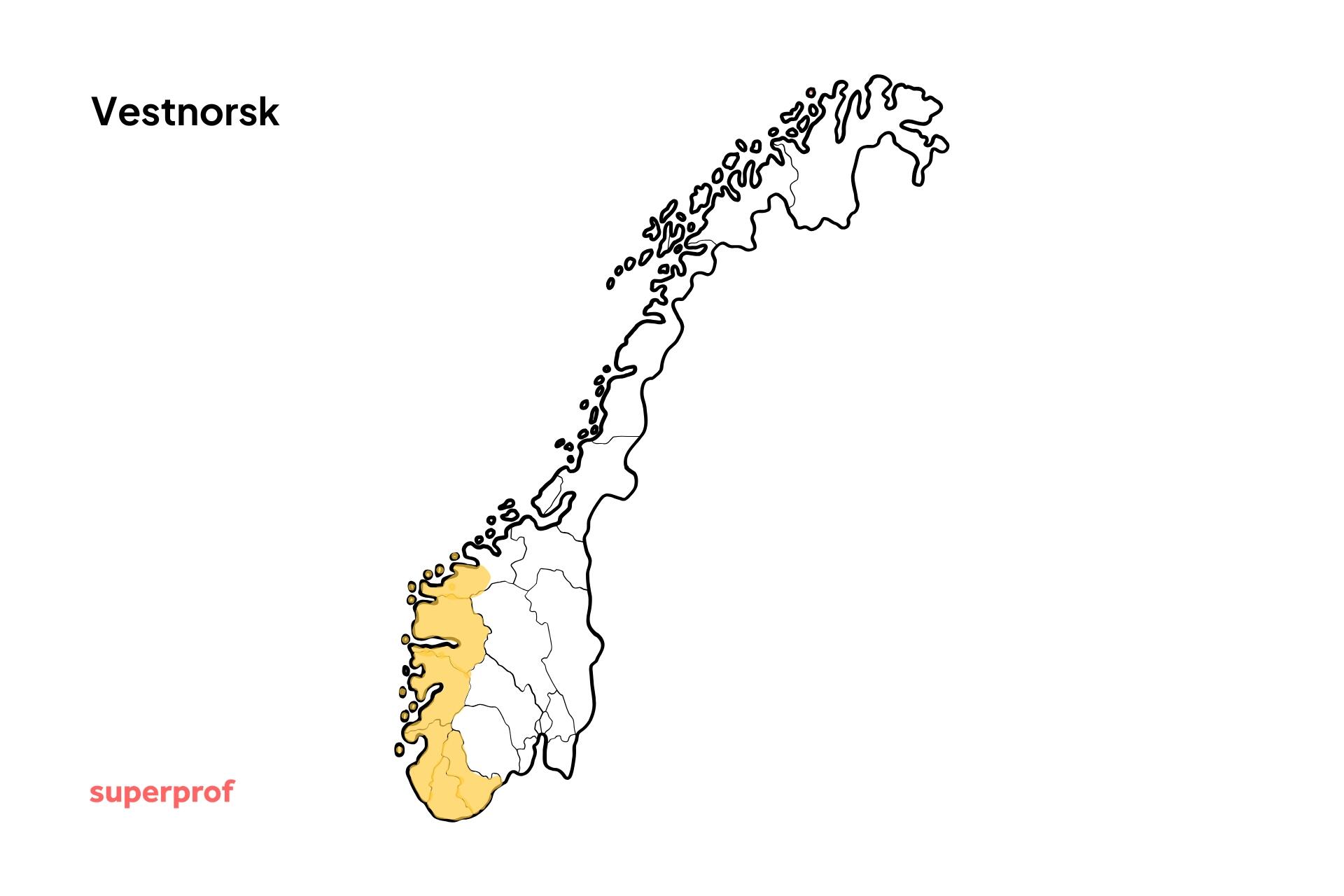 Illustrasjon av et kart over Norge, hvor området med vestnorske dialekter er markert i gult