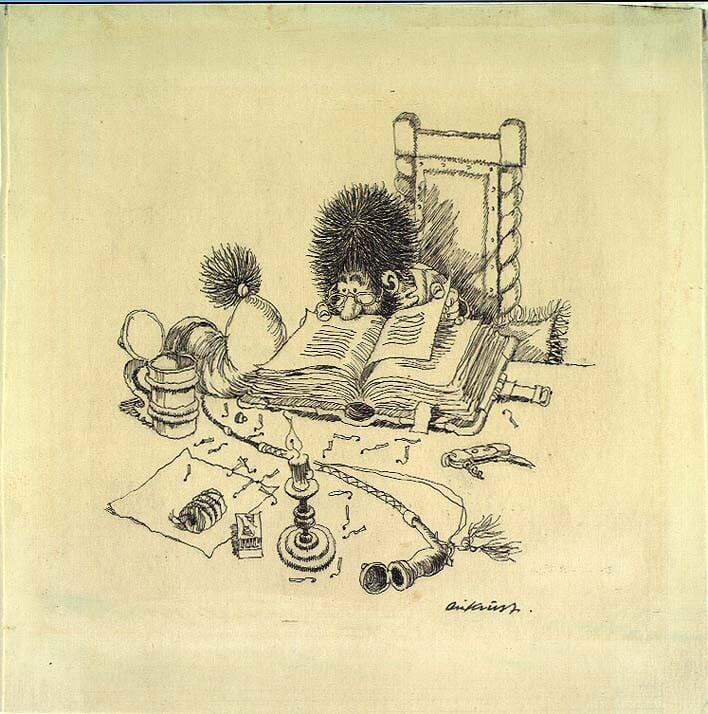 Tegning av en fjøsnisse som sitter og leser i en bok, omgitt av gjenstander fra gårdslivet.